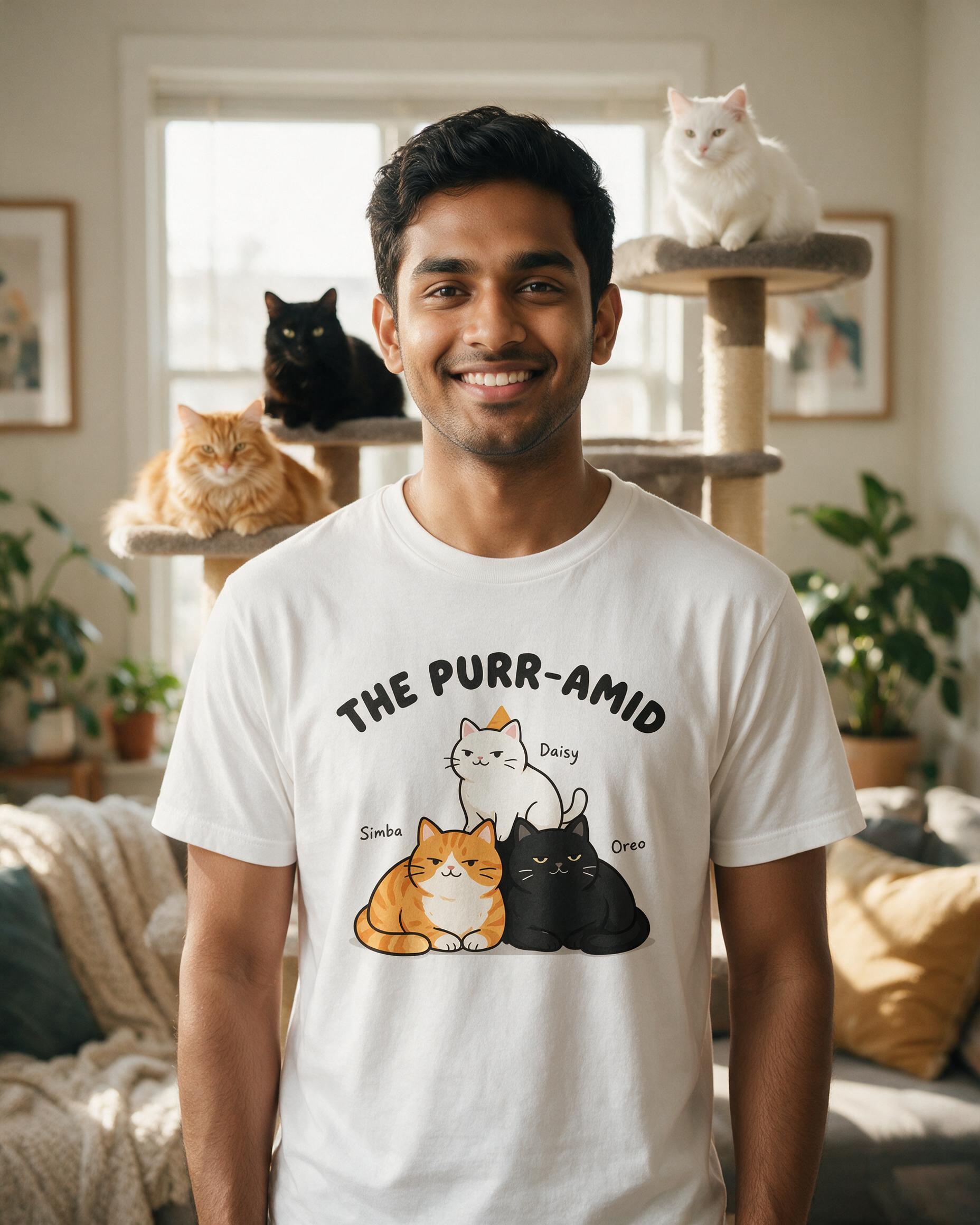 The Purr-Amid Personalized Three Cat Shirt — White