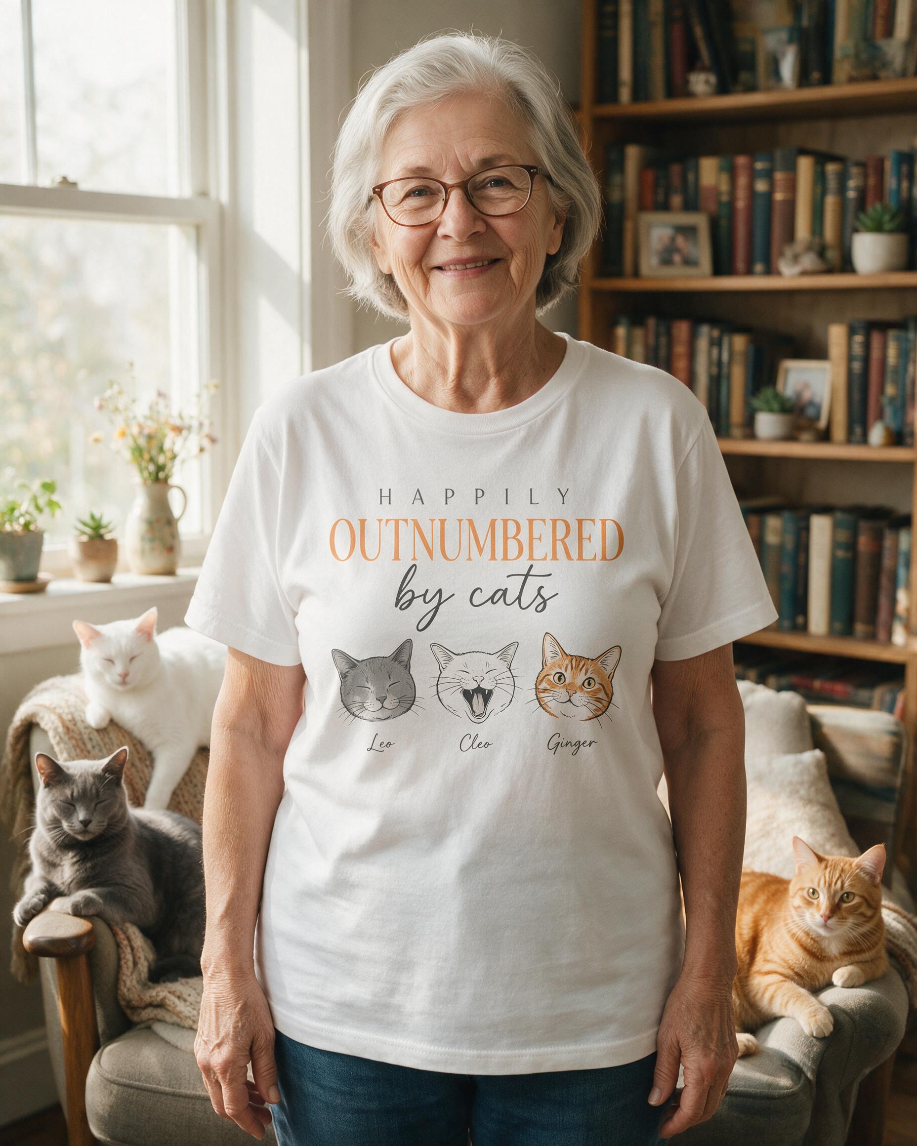 Happily Outnumbered Personalized Three Cat Shirt — White