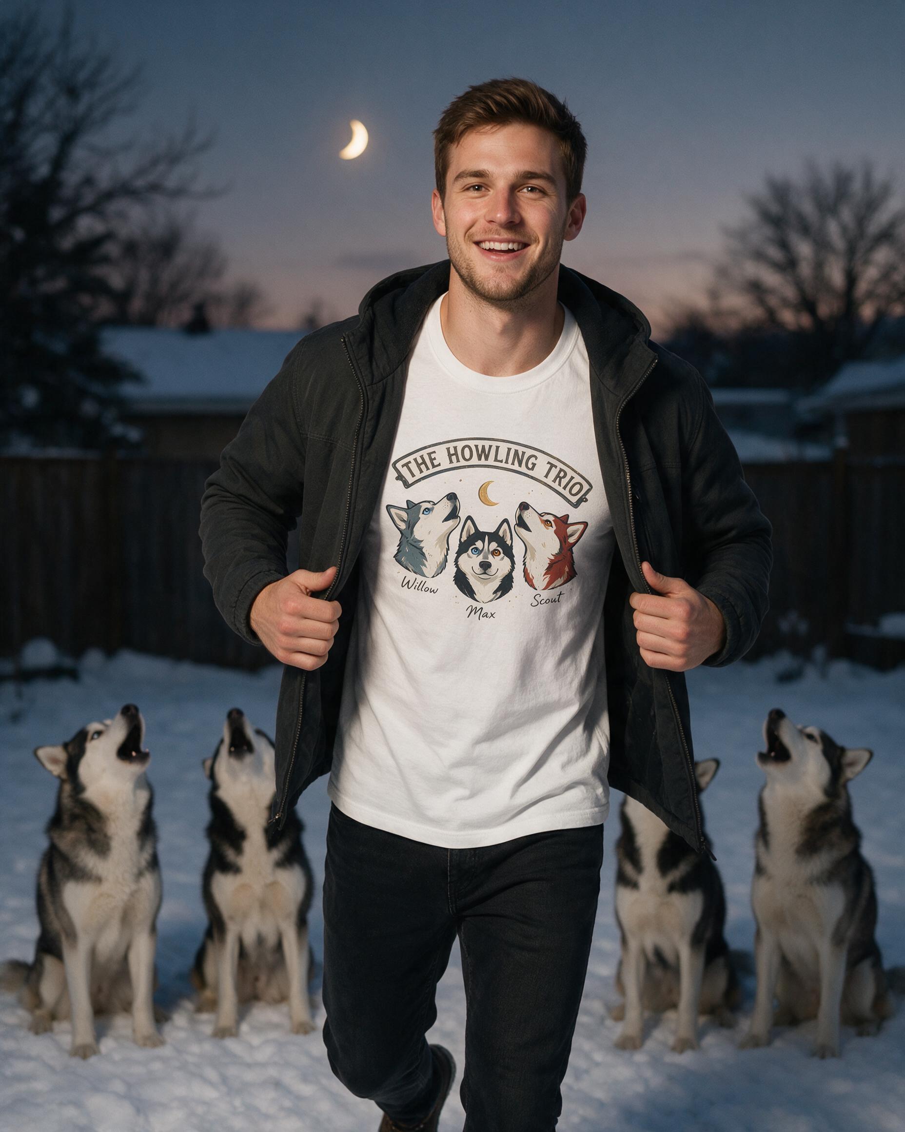 The Howling Trio Personalized Three Husky Shirt — White