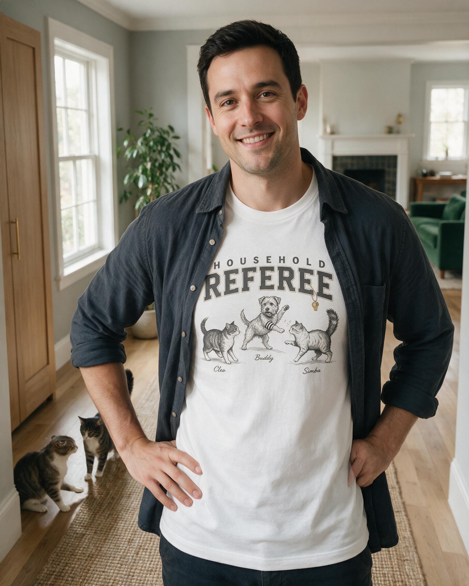 Household Referee Personalized One Dog Two Cats Shirt — White