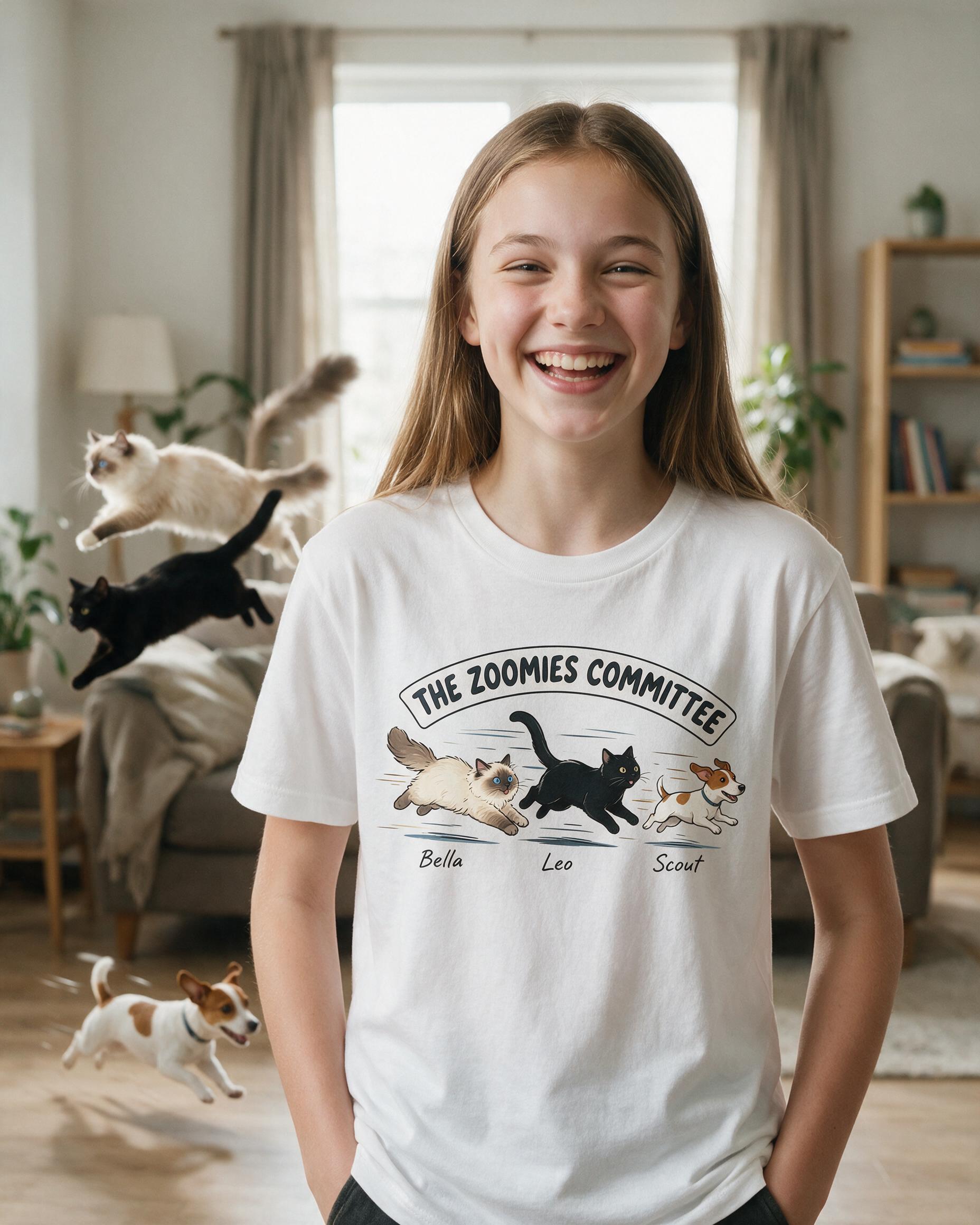 The Zoomies Committee Personalized Two Cats One Dog Shirt — White
