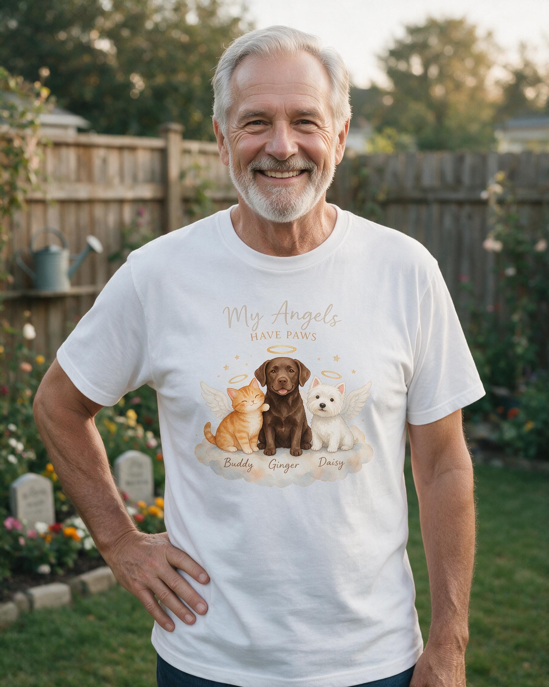 My Angels Have Paws Personalized Three Pet Memorial Shirt — White