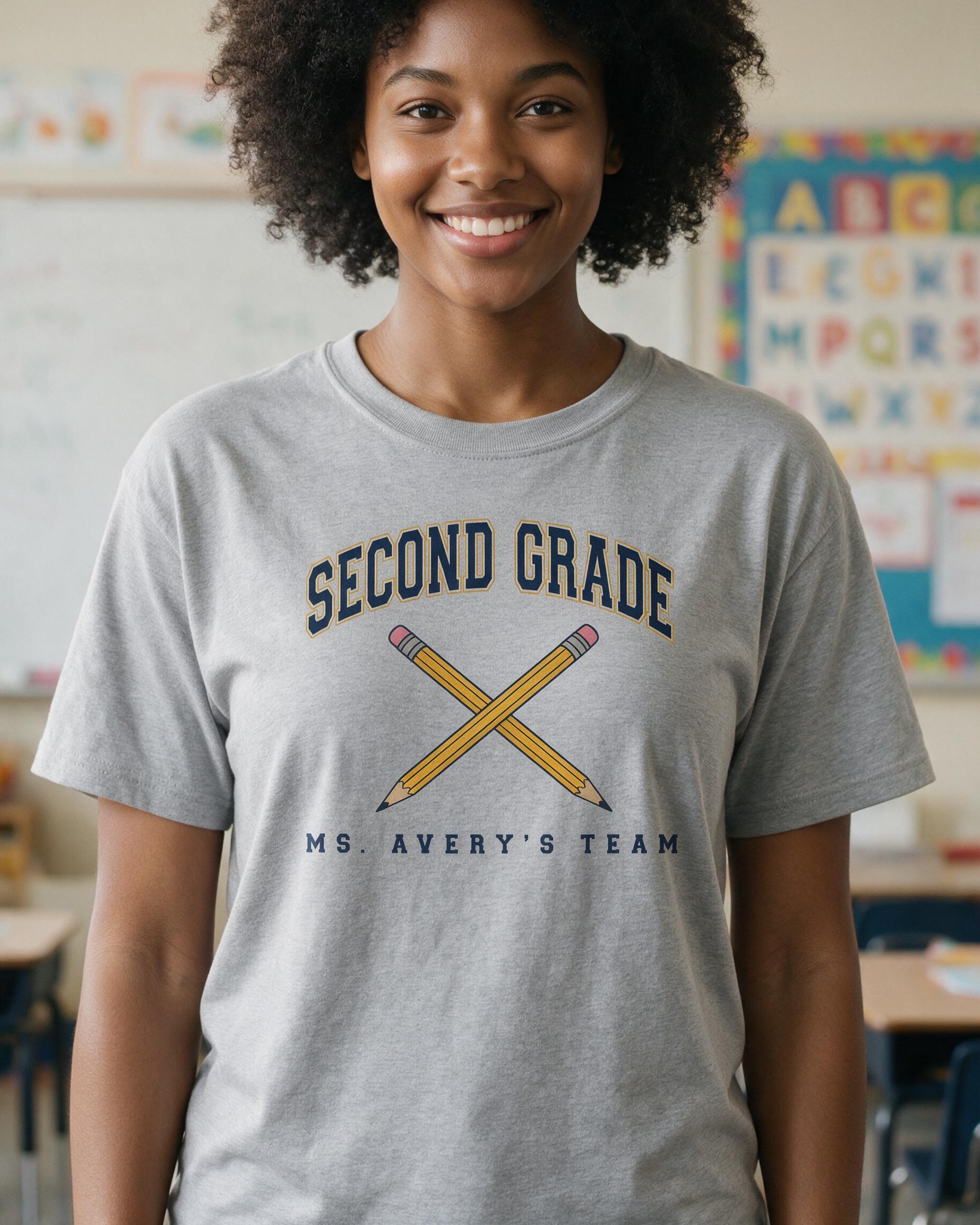 Crossed Pencils Grade Team Teacher Shirt with Custom Name — Sport Grey