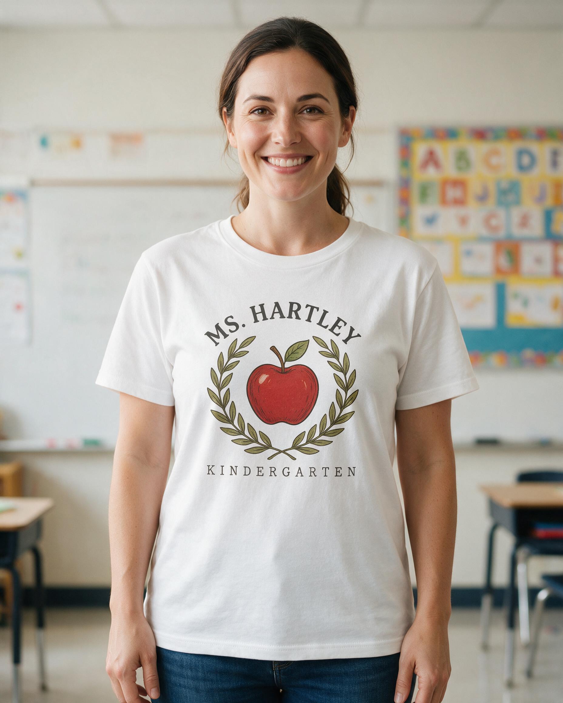 Apple Wreath Personalized Kindergarten Teacher Name Shirt — White