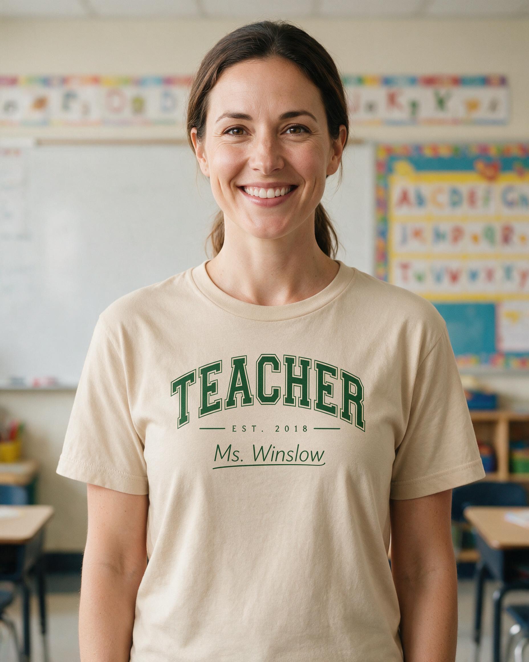 Established Year Collegiate Teacher Shirt Personalized Gift — Sand