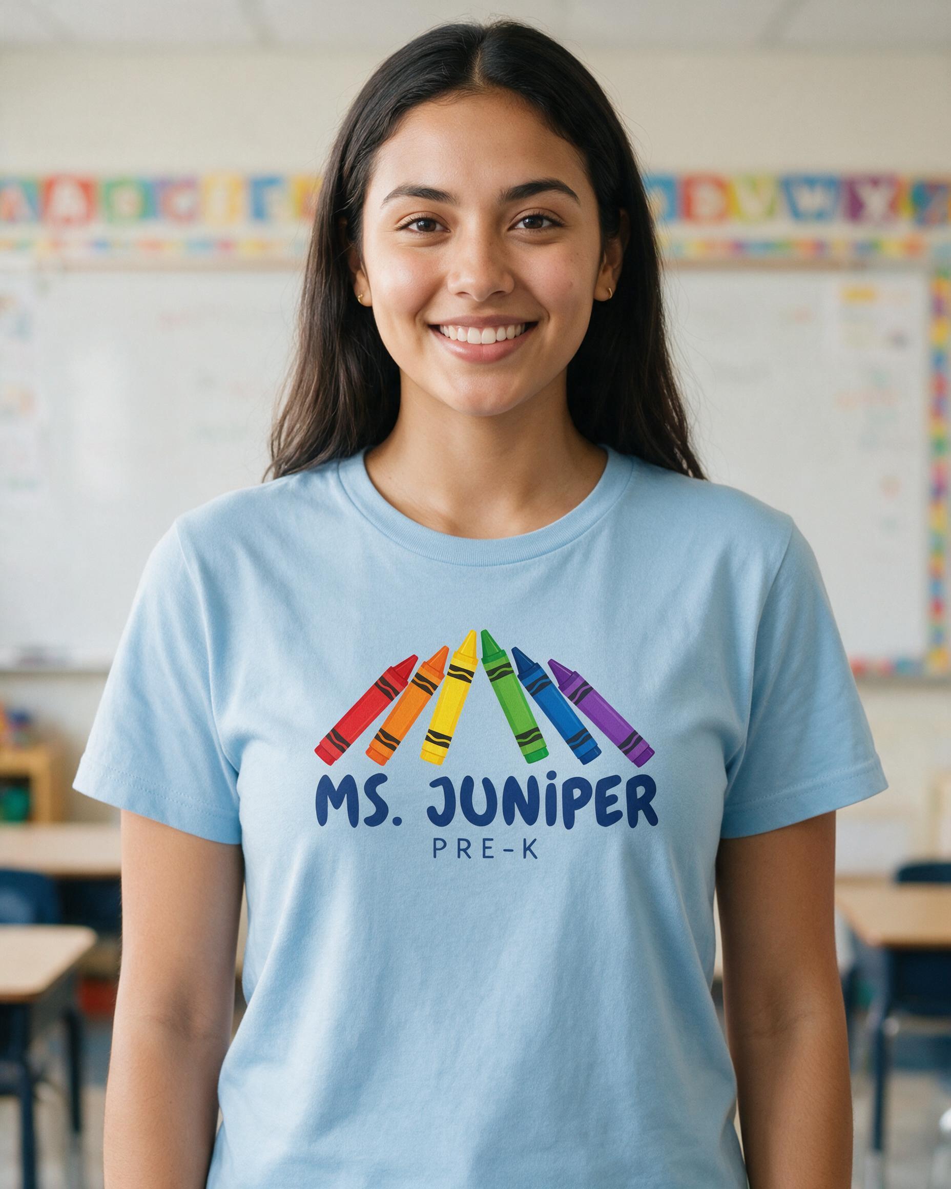 Crayon Rainbow Pre-K Teacher Shirt with Custom Name — Light Blue
