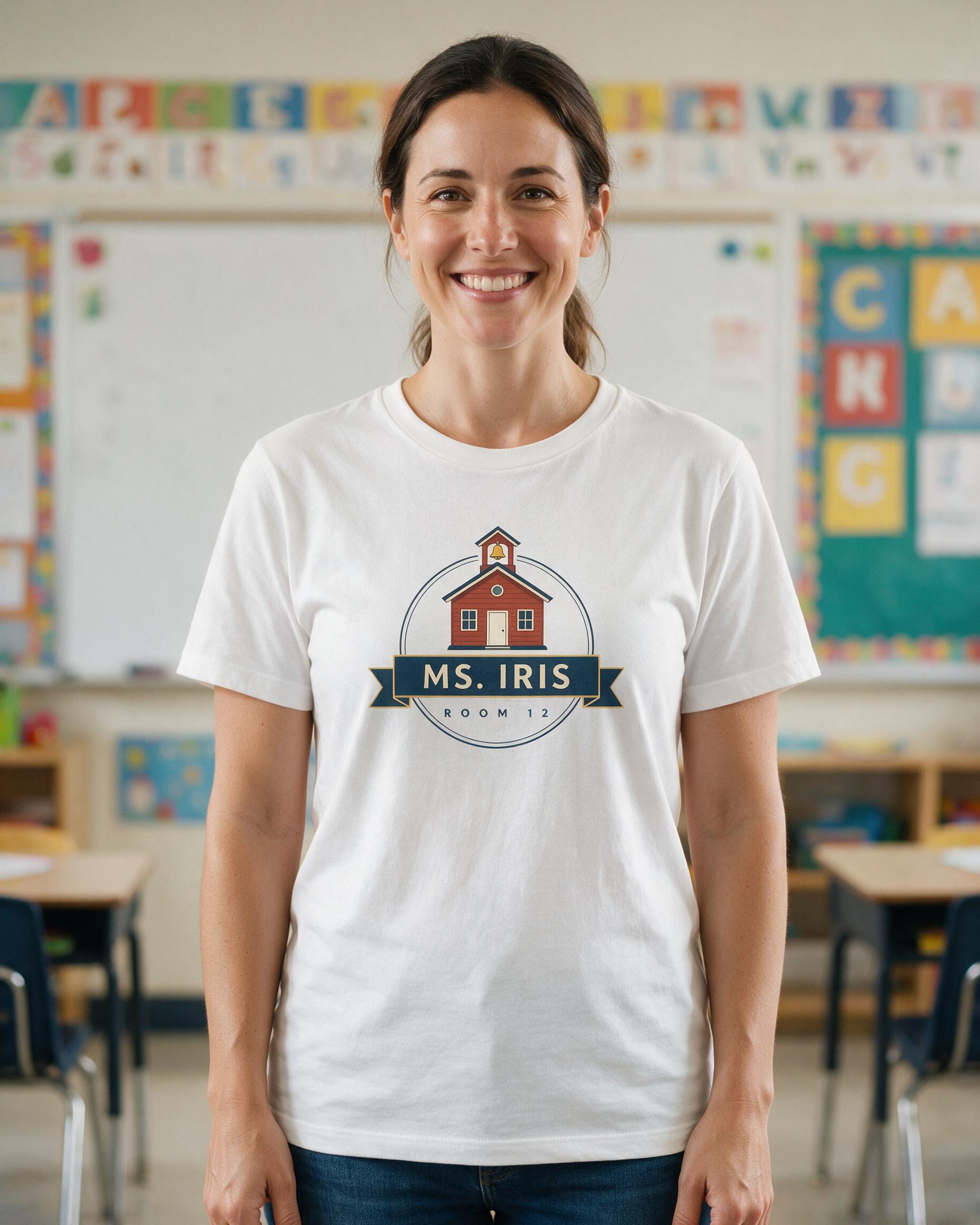 Little Schoolhouse Room Number Teacher Shirt Personalized — White