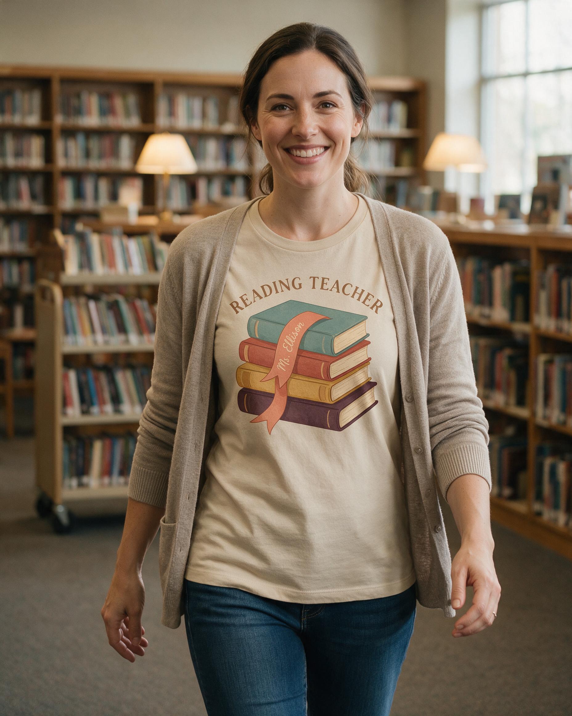 Book Stack Reading Teacher Shirt Personalized Name Gift β Sand
