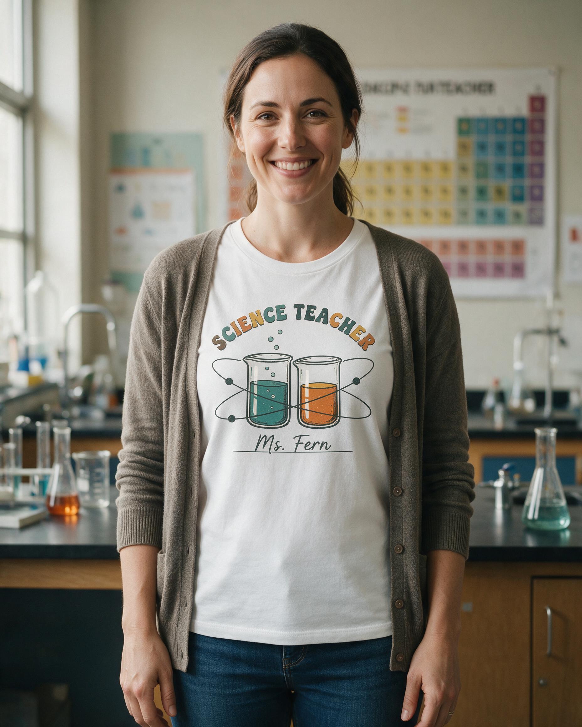 Personalized Science Teacher Retro Atom Shirt — White