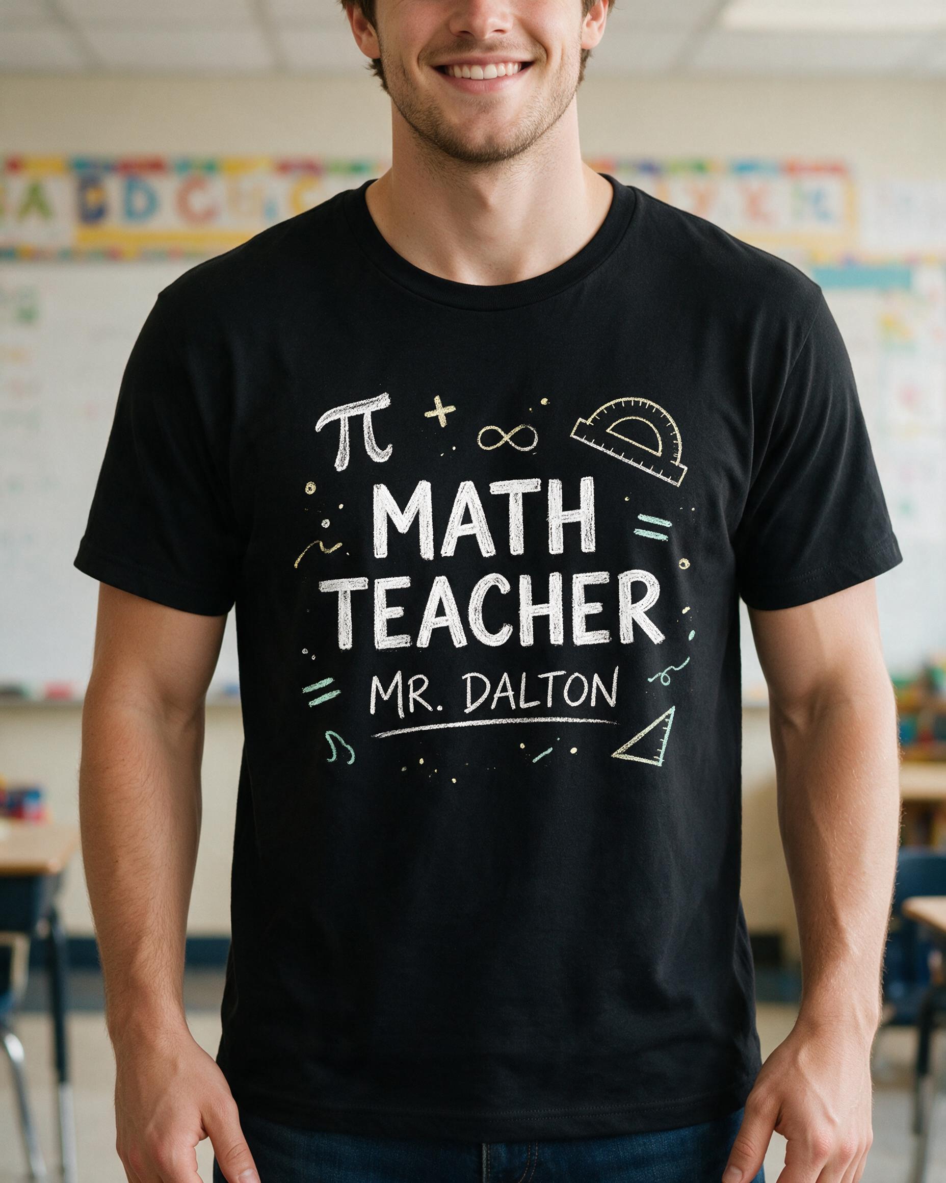 Math Teacher Chalk Doodle Personalized Name Shirt — Black
