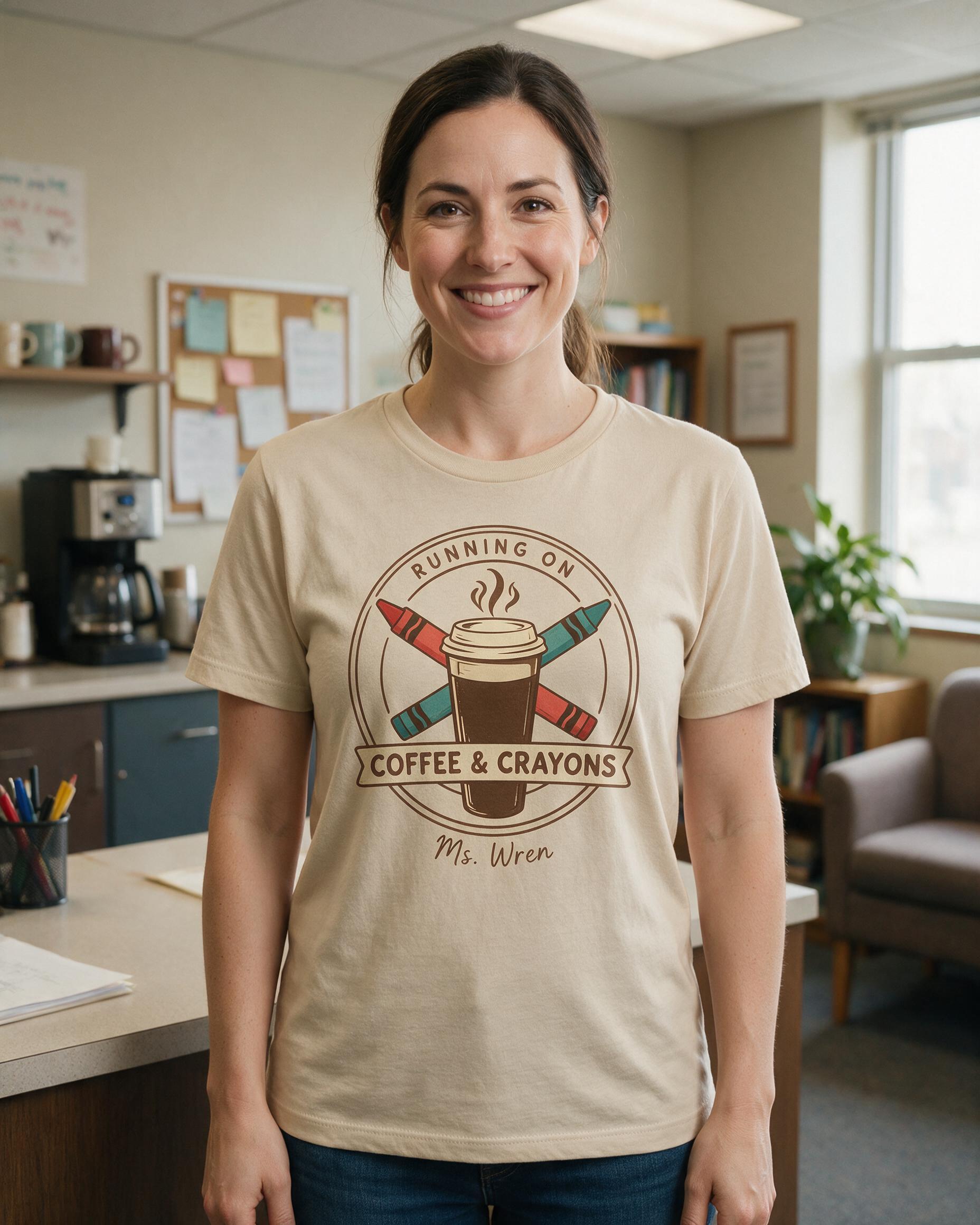 Running on Coffee and Crayons Teacher Shirt β Sand