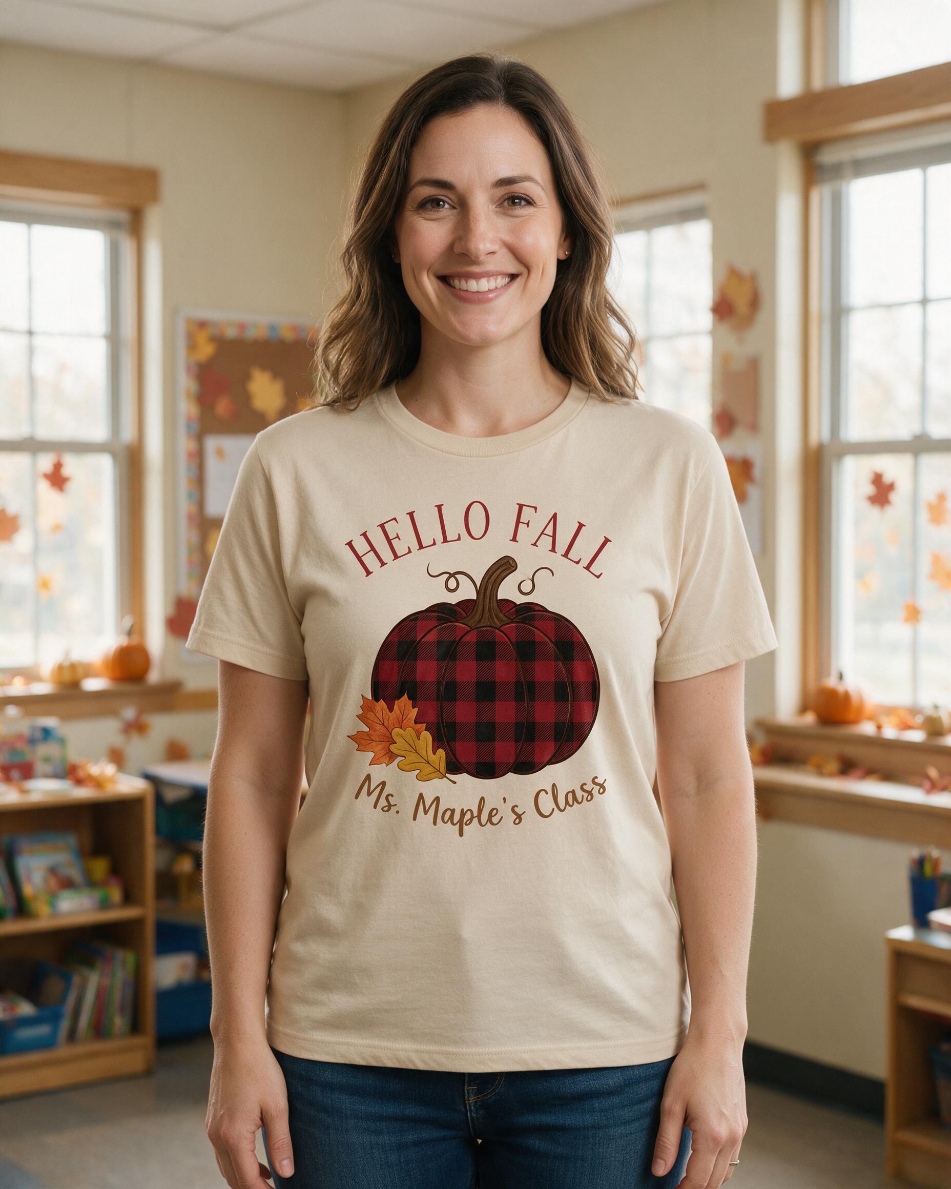 Hello Fall Plaid Pumpkin Teacher Class Shirt β Sand