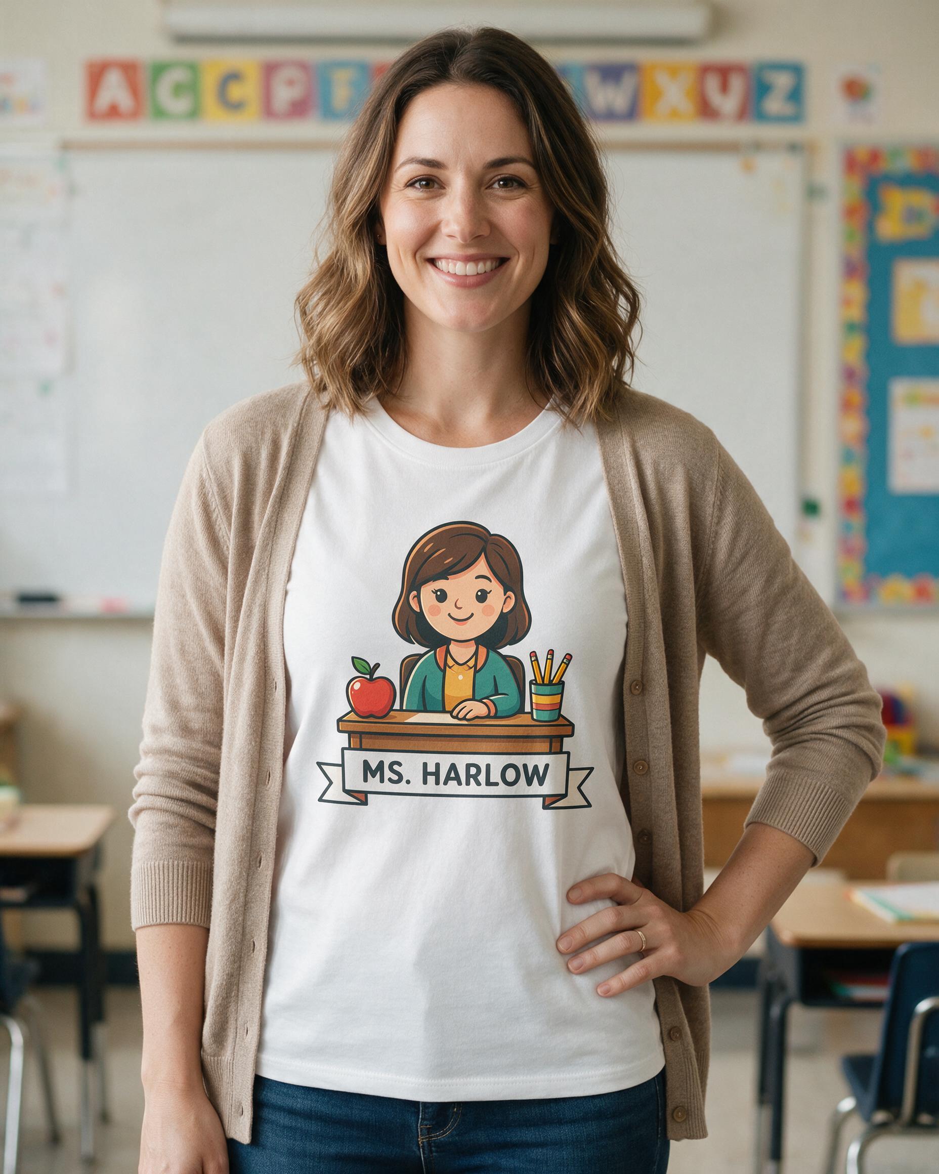 Personalized Teacher Avatar Desk Shirt with Apple and Name — White