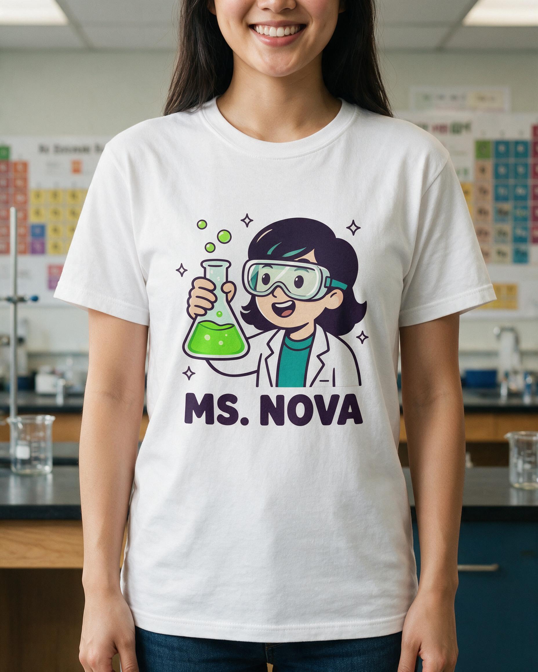 Science Teacher Cartoon Avatar Shirt with Bubbling Flask β White
