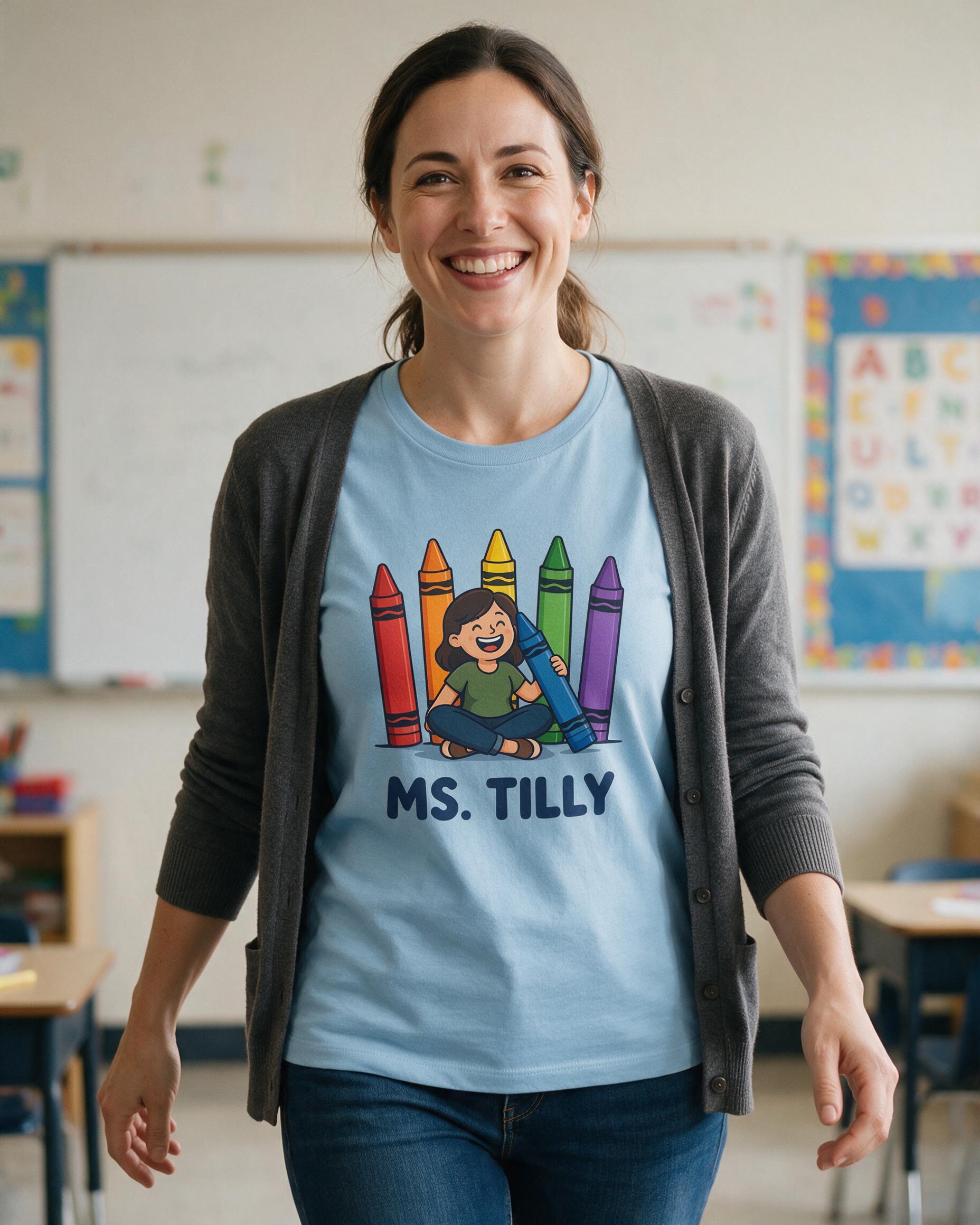 Kindergarten Teacher Crayon Avatar Shirt Back to School — Light Blue