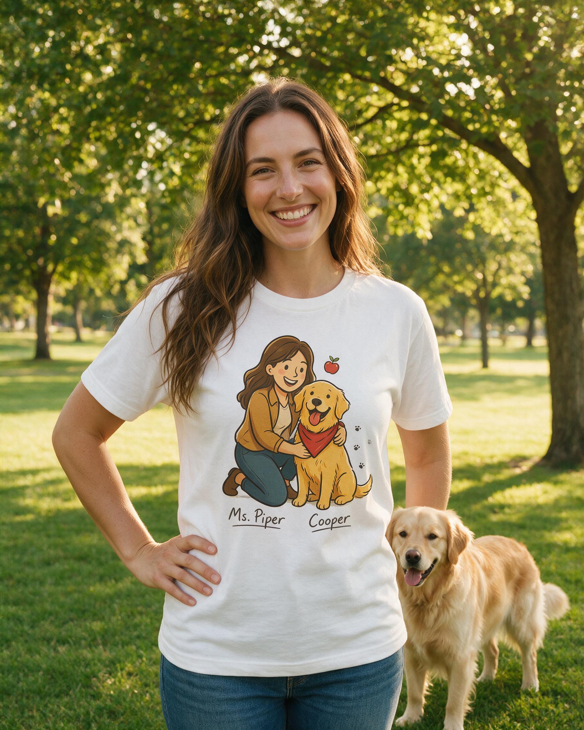 Personalized Teacher and Dog Cartoon Shirt With Two Names — White