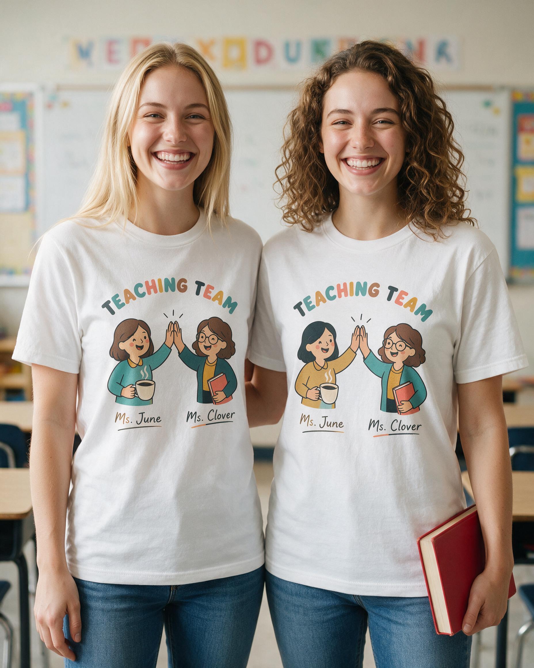 Teaching Team Matching Teacher Shirt With Two Custom Avatars — White