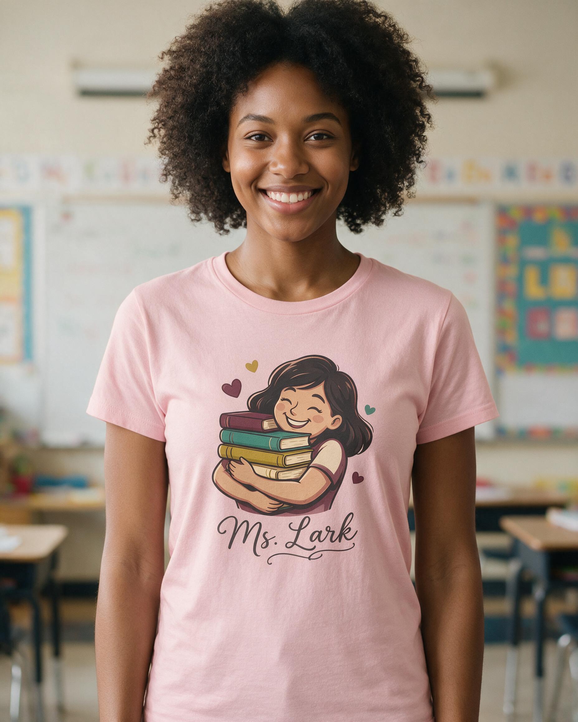 Book Loving Teacher Cartoon Portrait Shirt with Custom Name — Light Pink