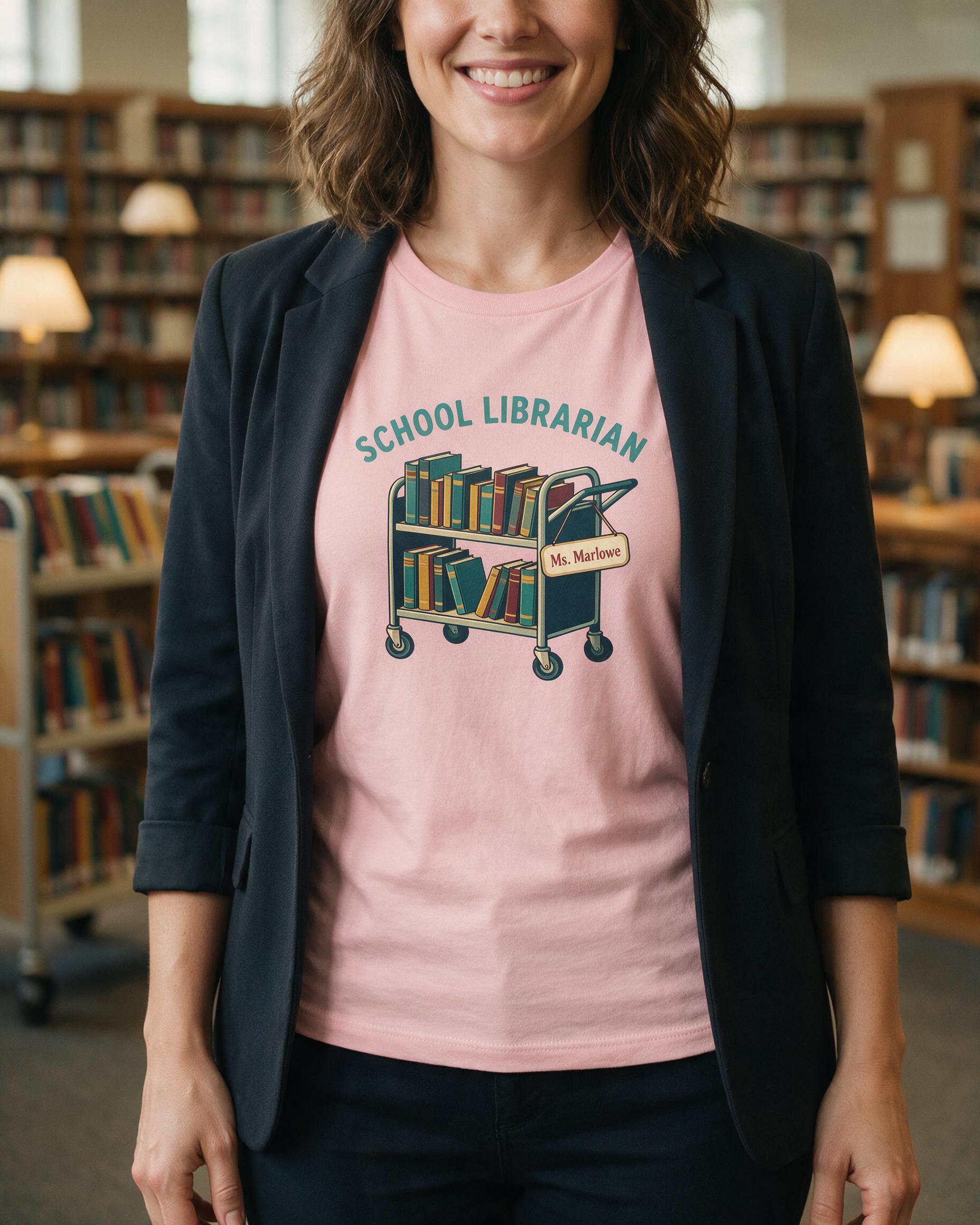 Book Cart School Librarian Shirt with Custom Name β Light Pink