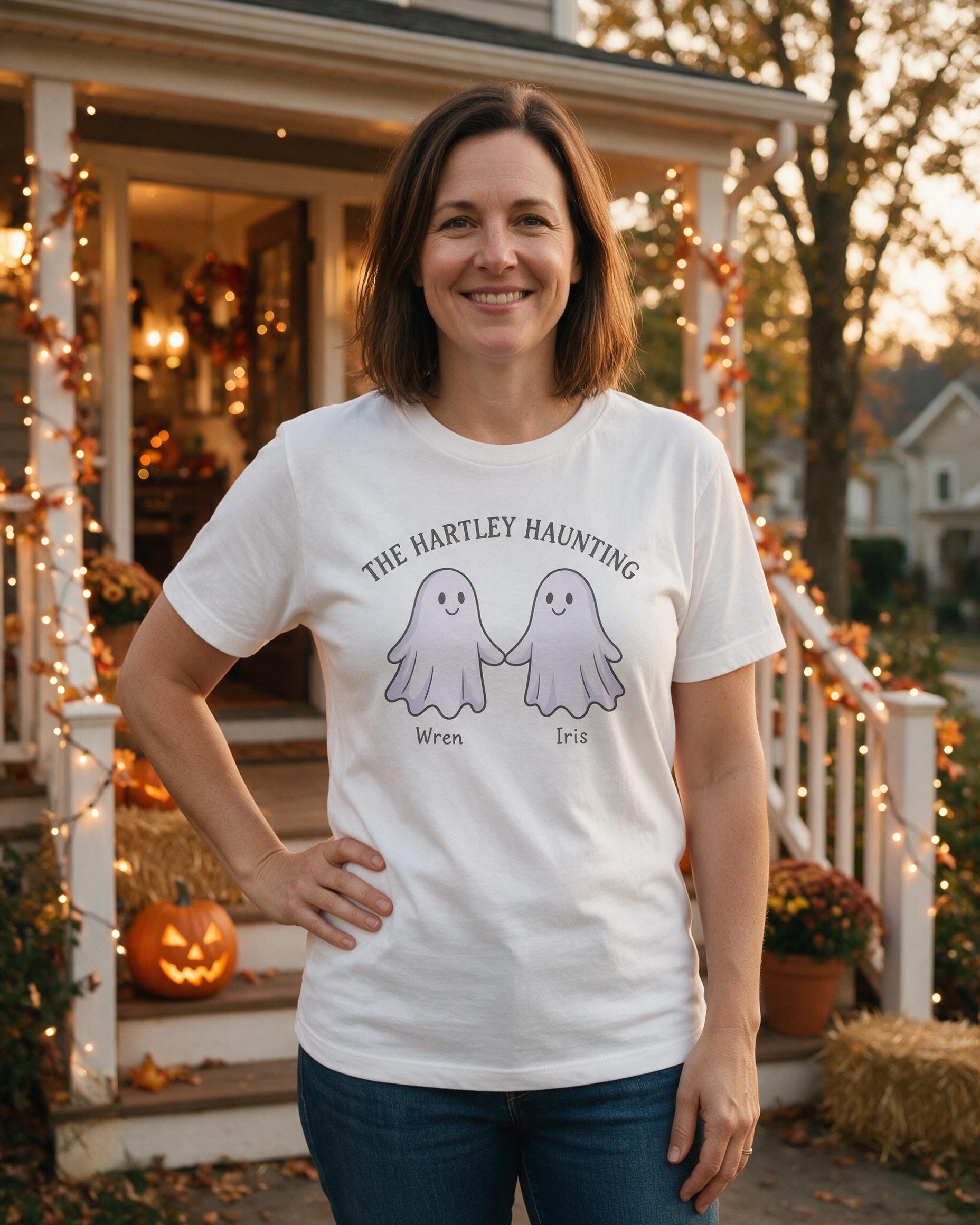 Family Haunting Two Little Ghosts Personalized Halloween Shirt — White