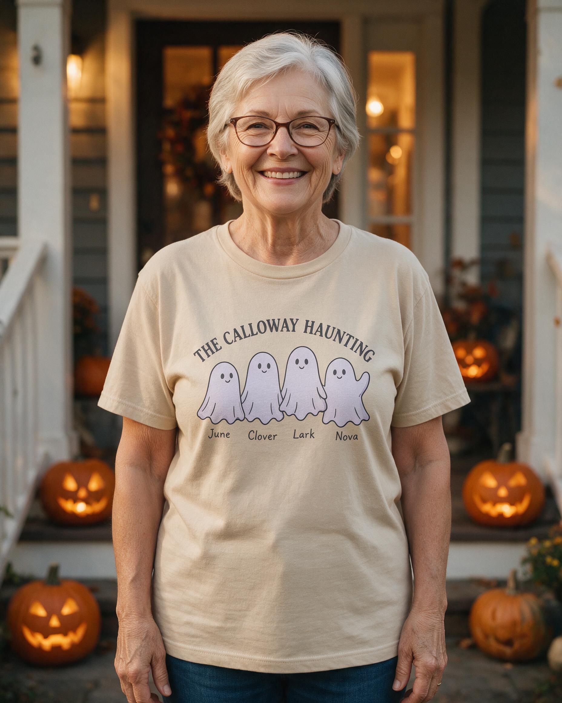 Four Ghosts Family Haunting Name Halloween Shirt — Sand