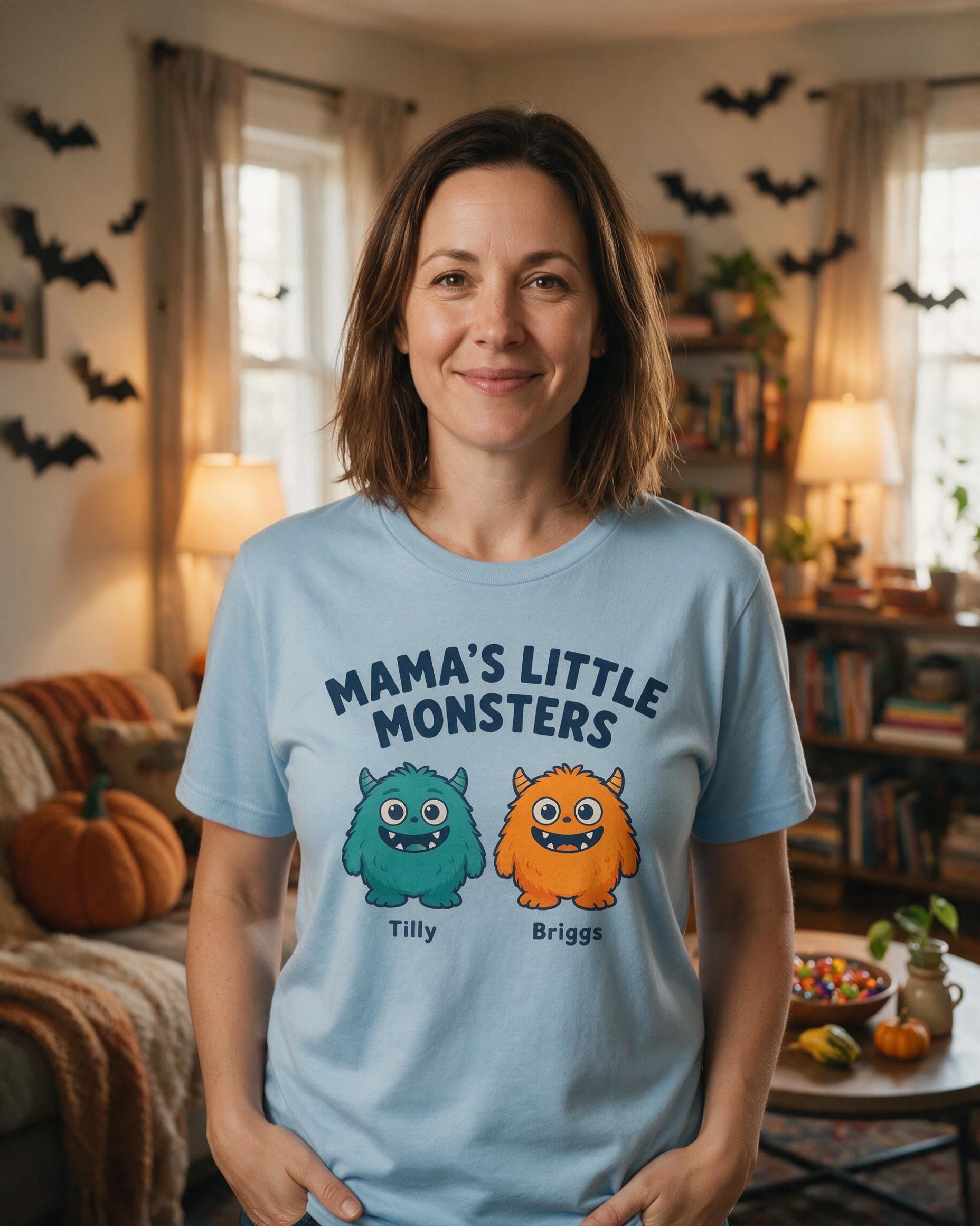 Mama's Little Monsters Two Names Halloween Shirt — Light Blue