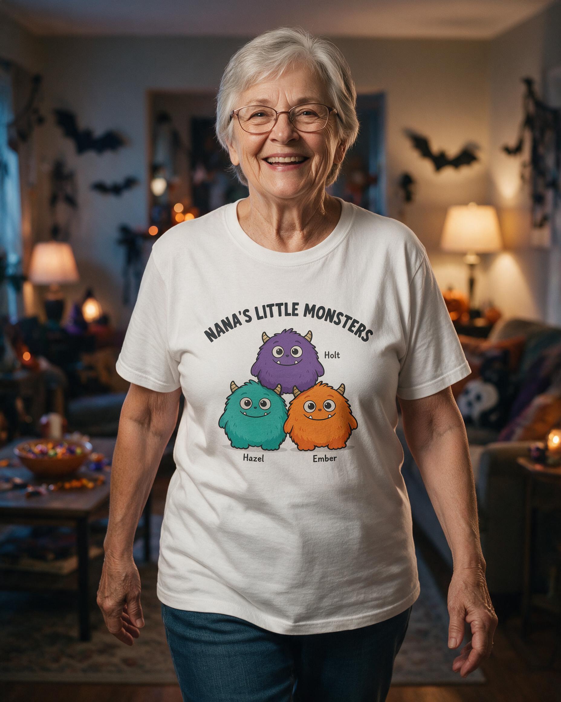 Nana's Little Monsters Trio Personalized Halloween Shirt — White