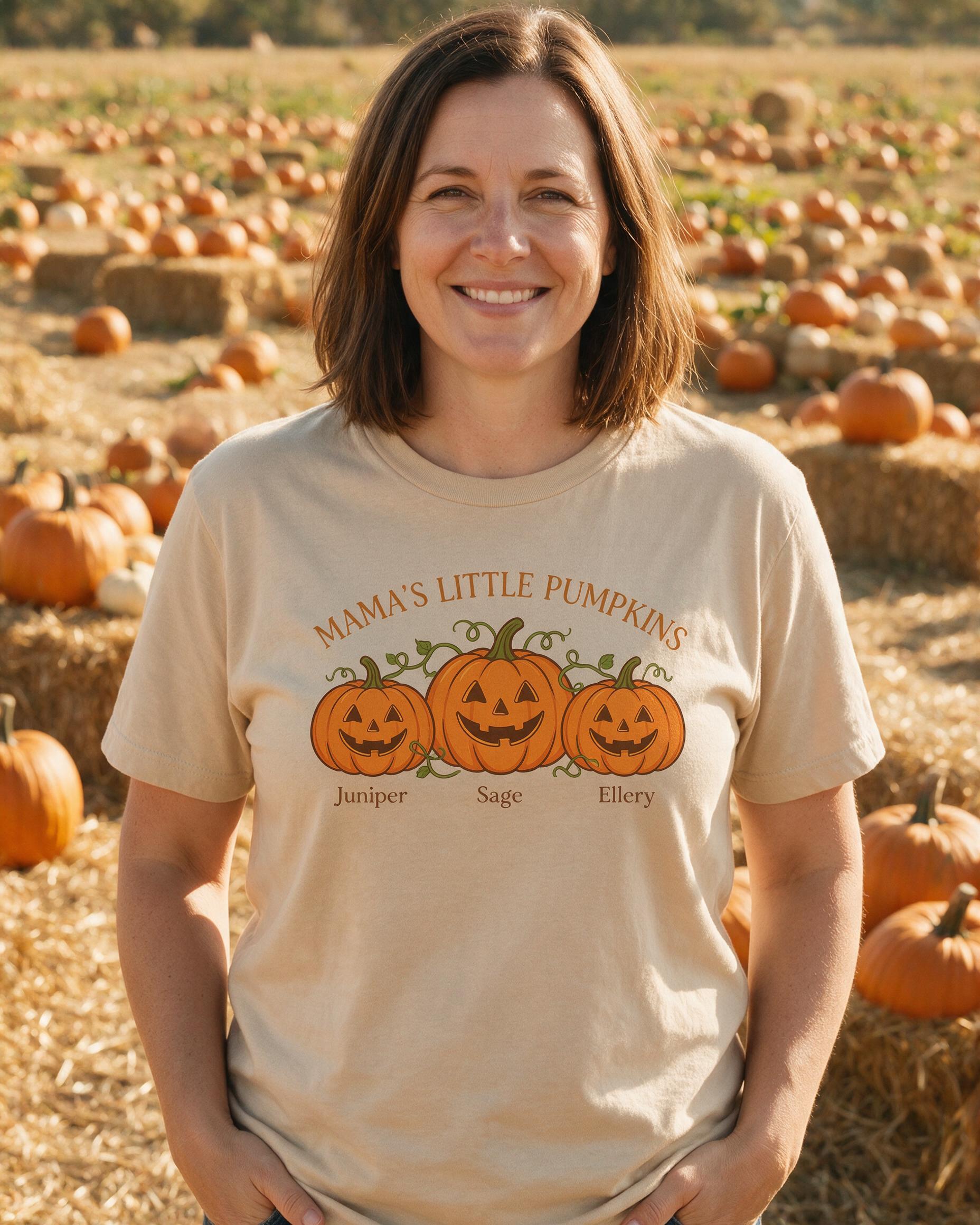 Mama's Little Pumpkins Three Names Fall Halloween Shirt β Sand