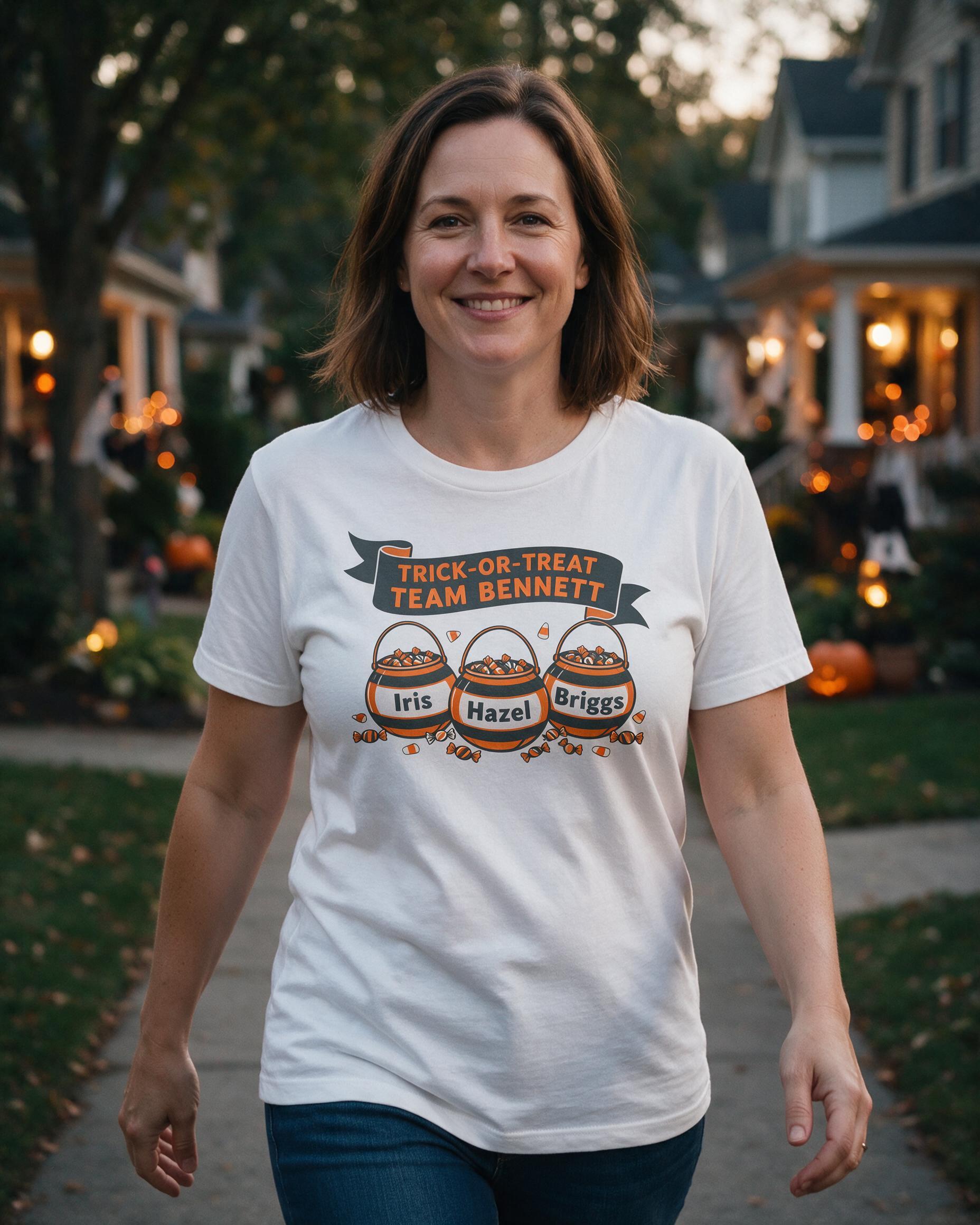 Family Trick-or-Treat Team Three Names Halloween Shirt — White