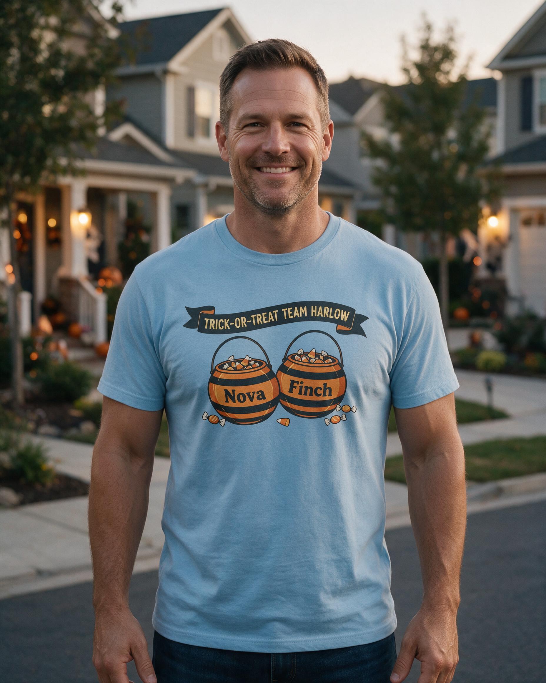 Trick-or-Treat Team Two Buckets Family Halloween Shirt — Light Blue