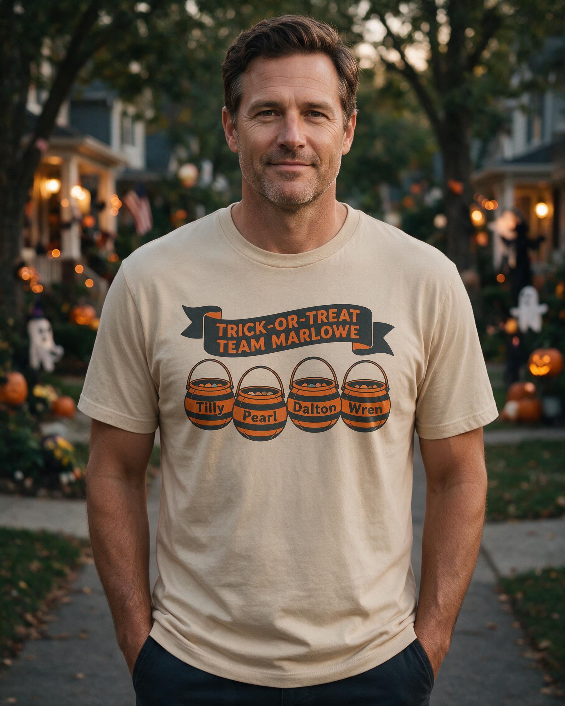 Candy Bucket Trick-or-Treat Team of Four Halloween Shirt — Sand