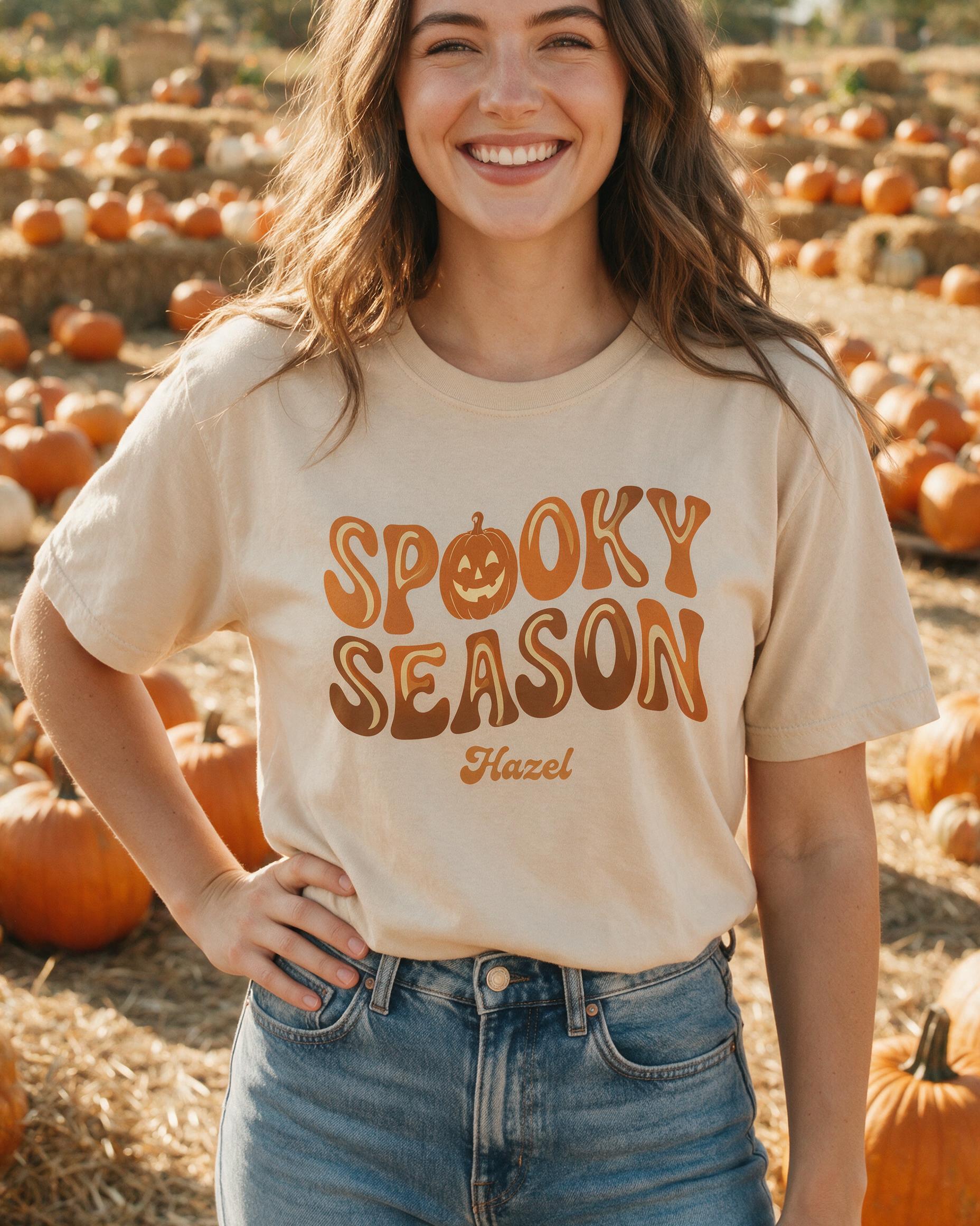 Spooky Season Retro Groovy Name Halloween Shirt β Sand