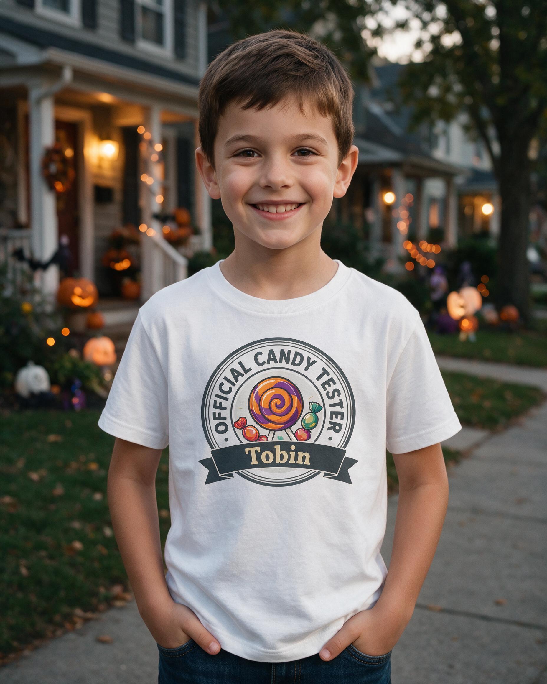 Official Candy Tester Kids Badge Halloween Shirt — White