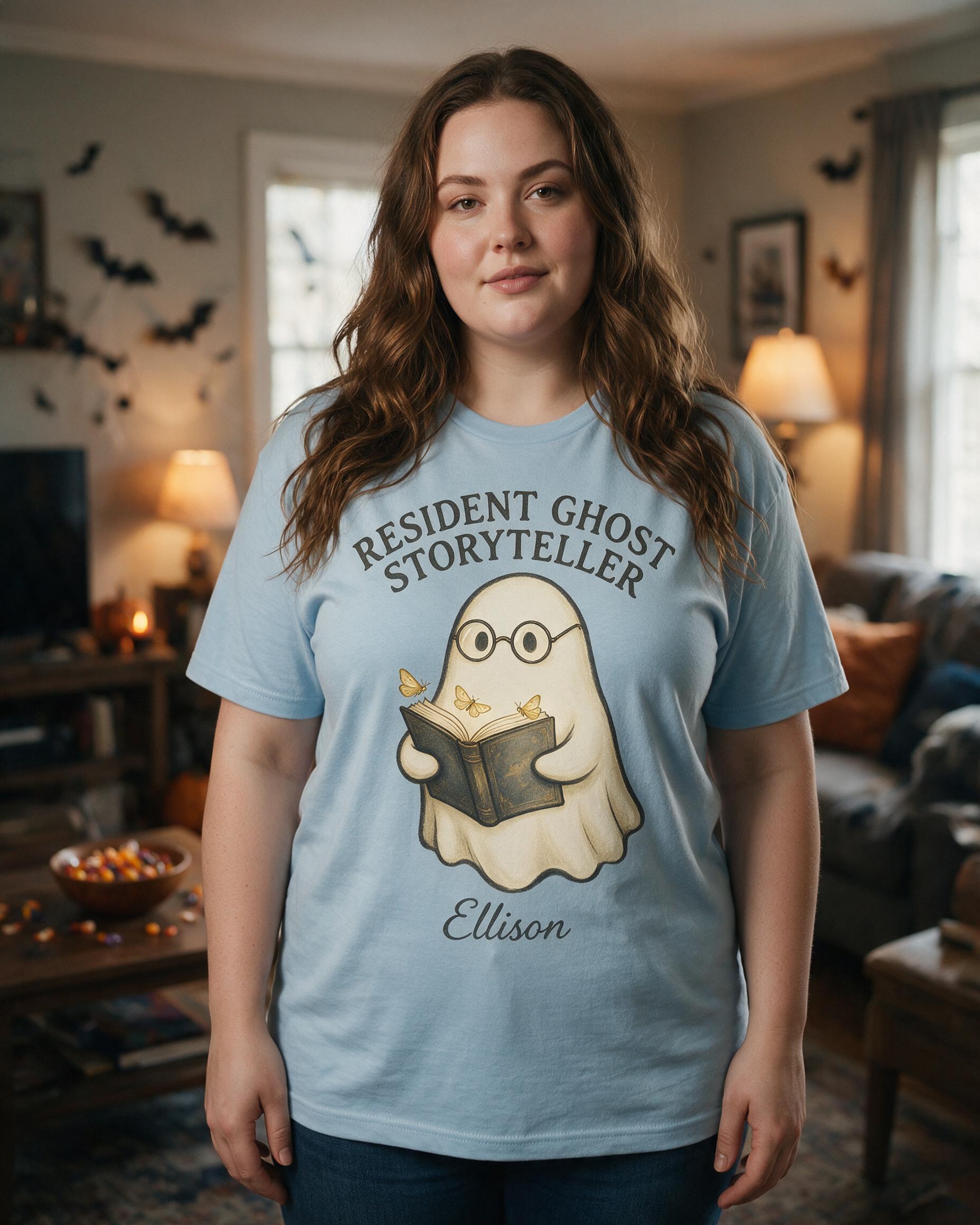 Resident Ghost Storyteller Cozy Reading Halloween Shirt — Light Blue