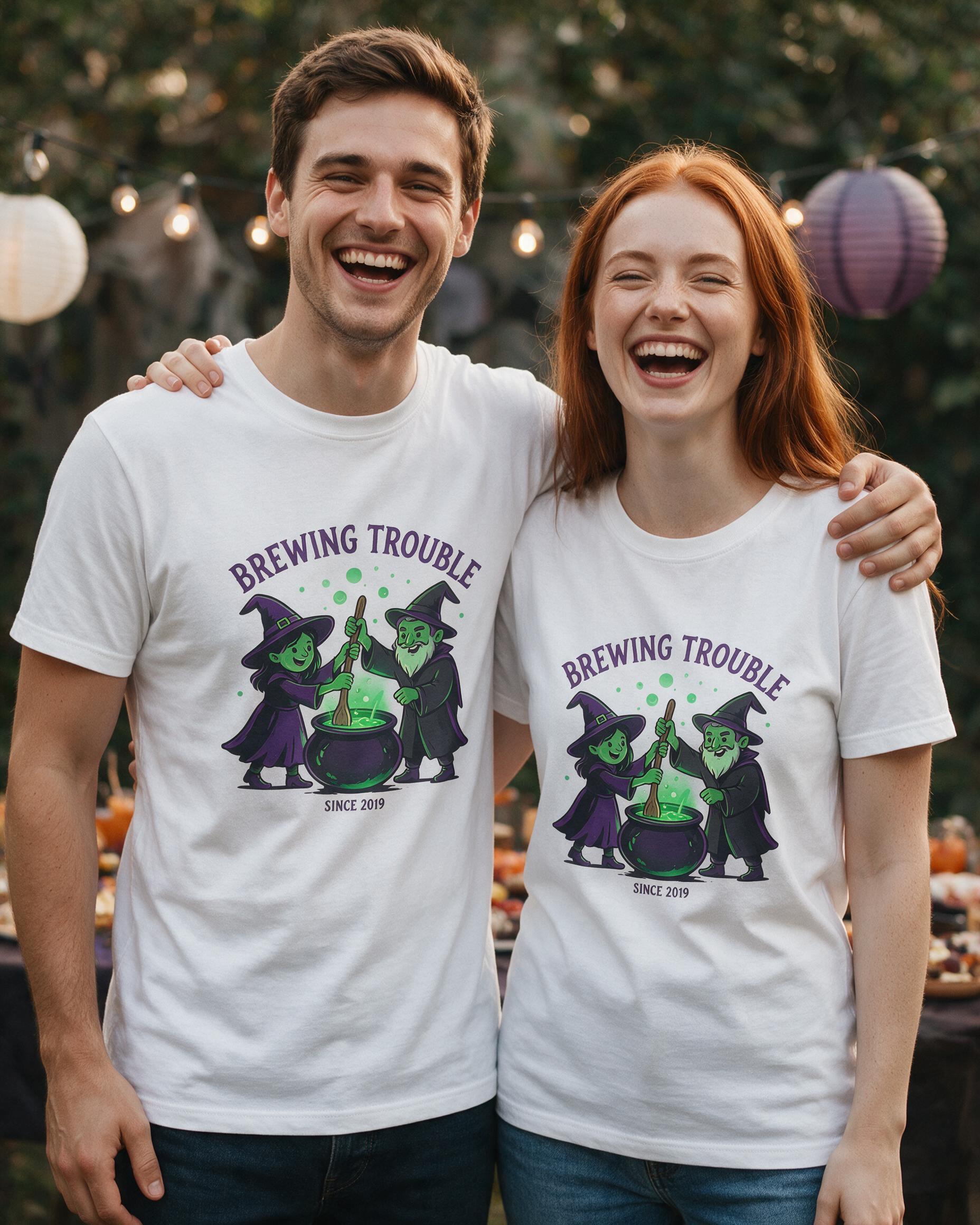 Brewing Trouble Halloween Couple Shirt — White