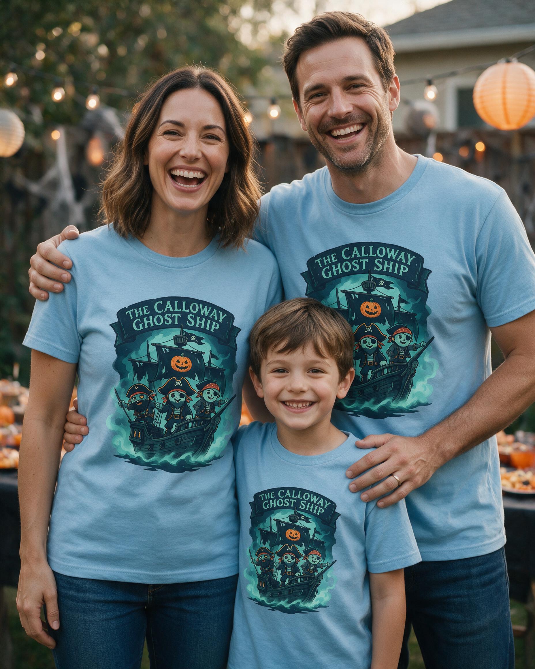 Ghost Ship Pirate Family Halloween Shirt — Light Blue