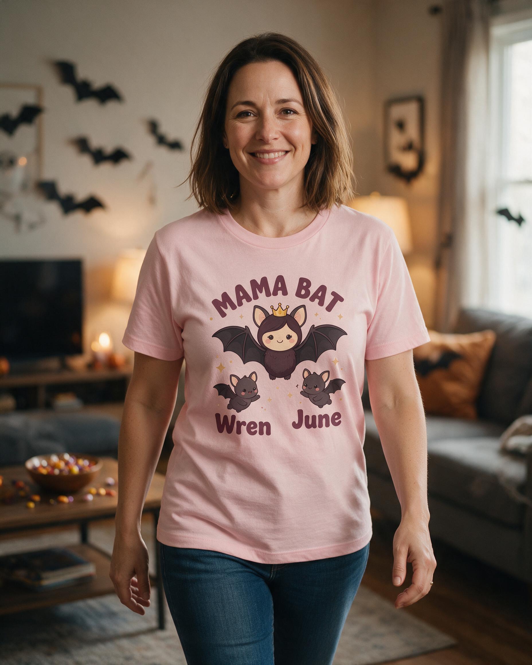 Mama Bat And Little Bats Halloween Shirt — Light Pink