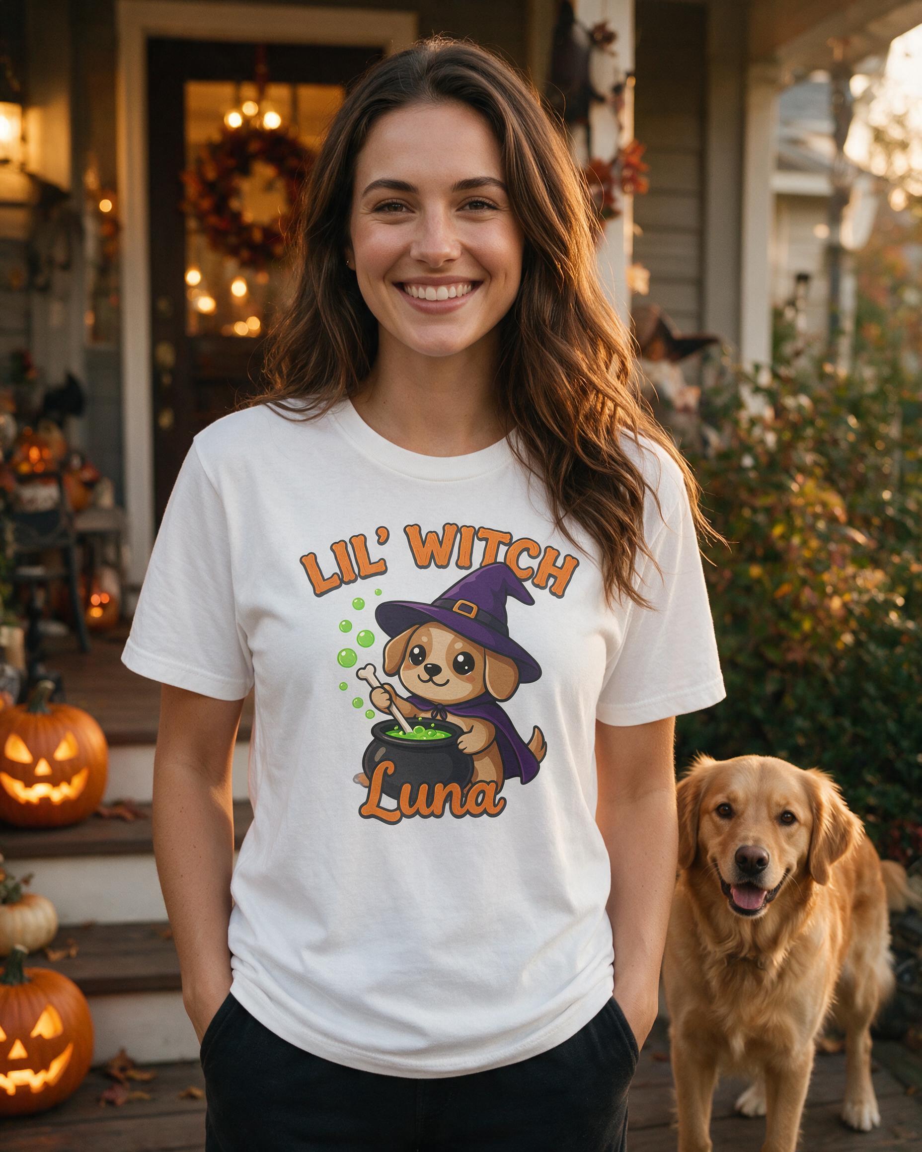 Lil' Witch Dog Cauldron Halloween Shirt — White