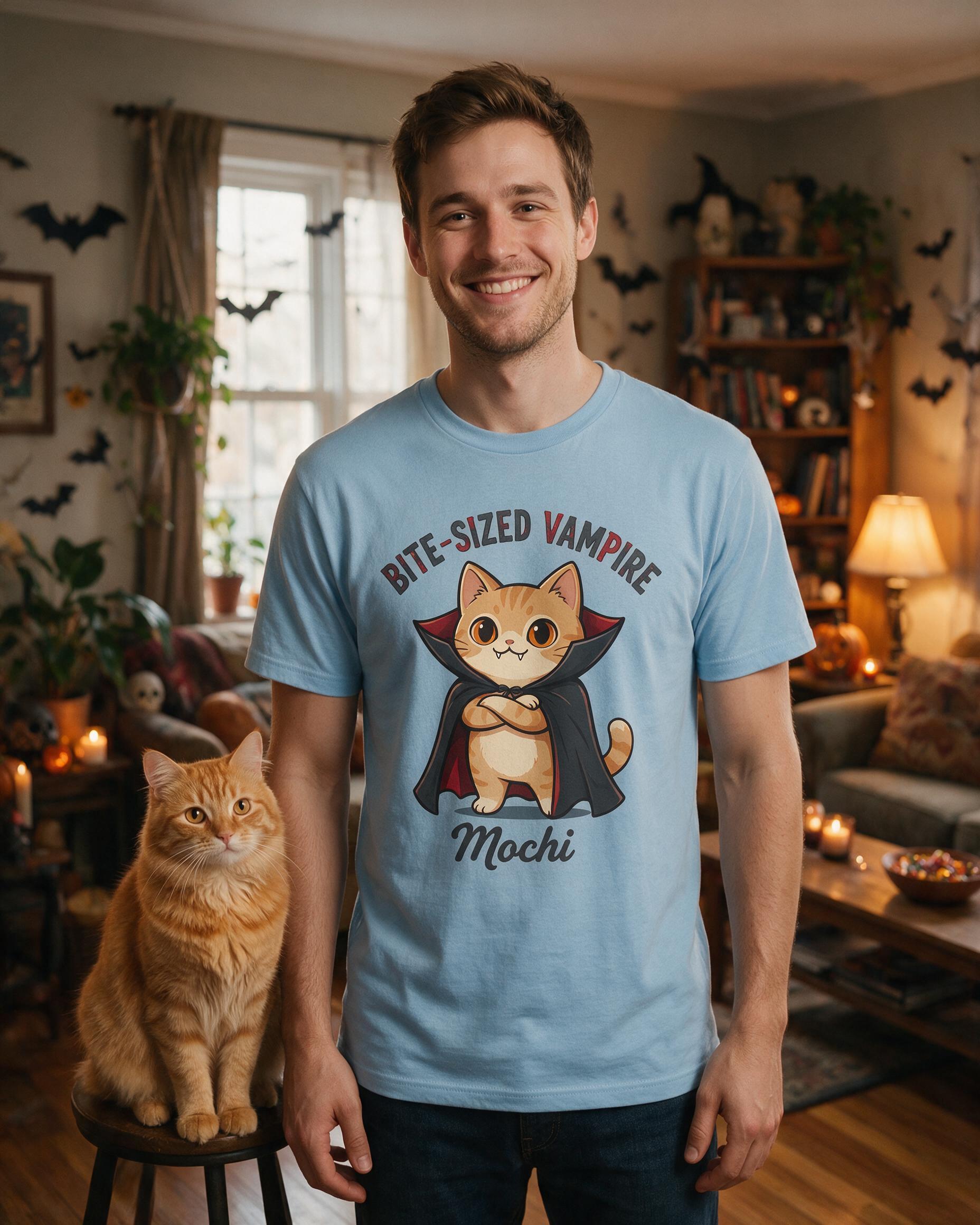 Bite-Sized Vampire Cat Halloween Shirt — Light Blue