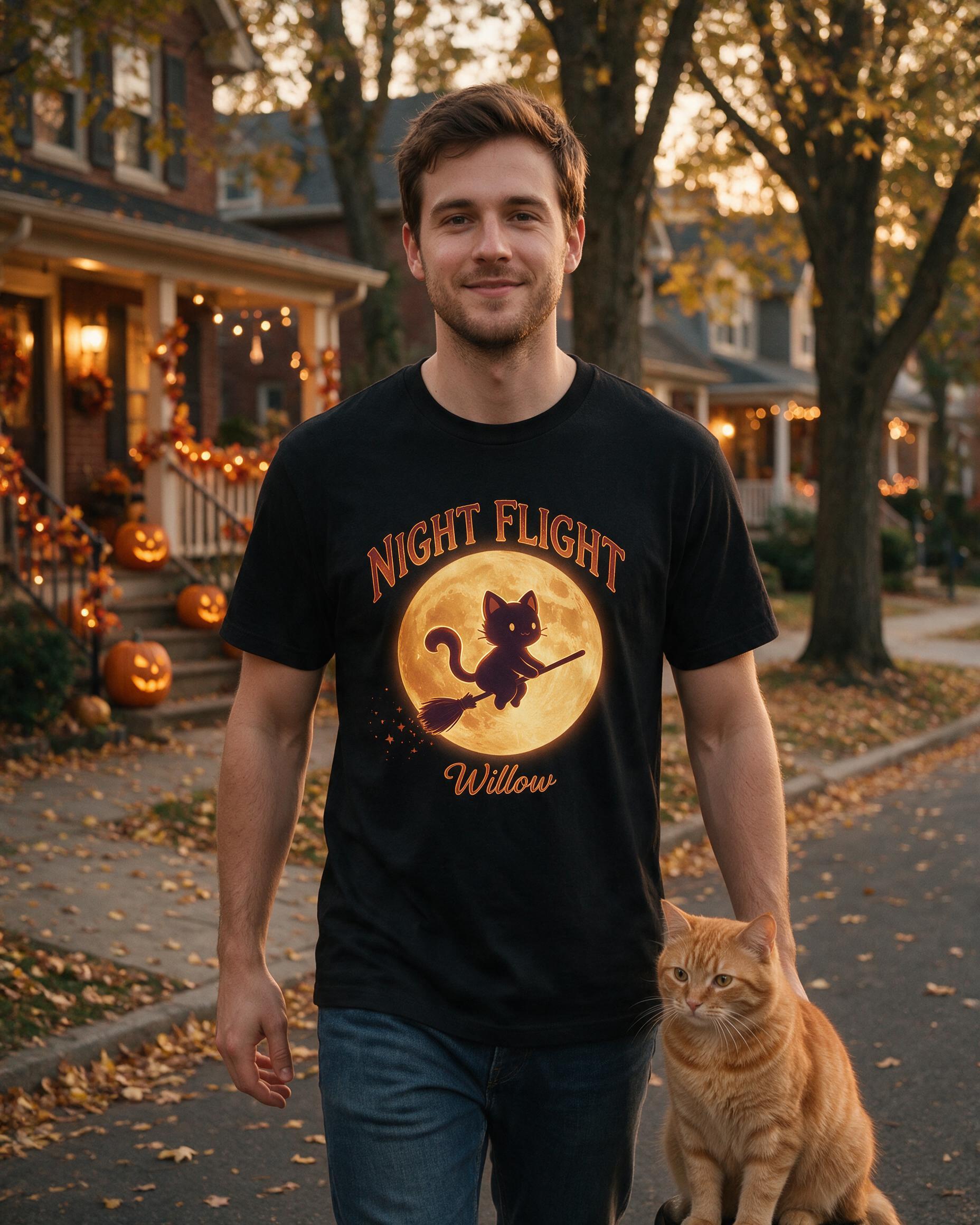 Night Flight Broomstick Cat Halloween Shirt — Black