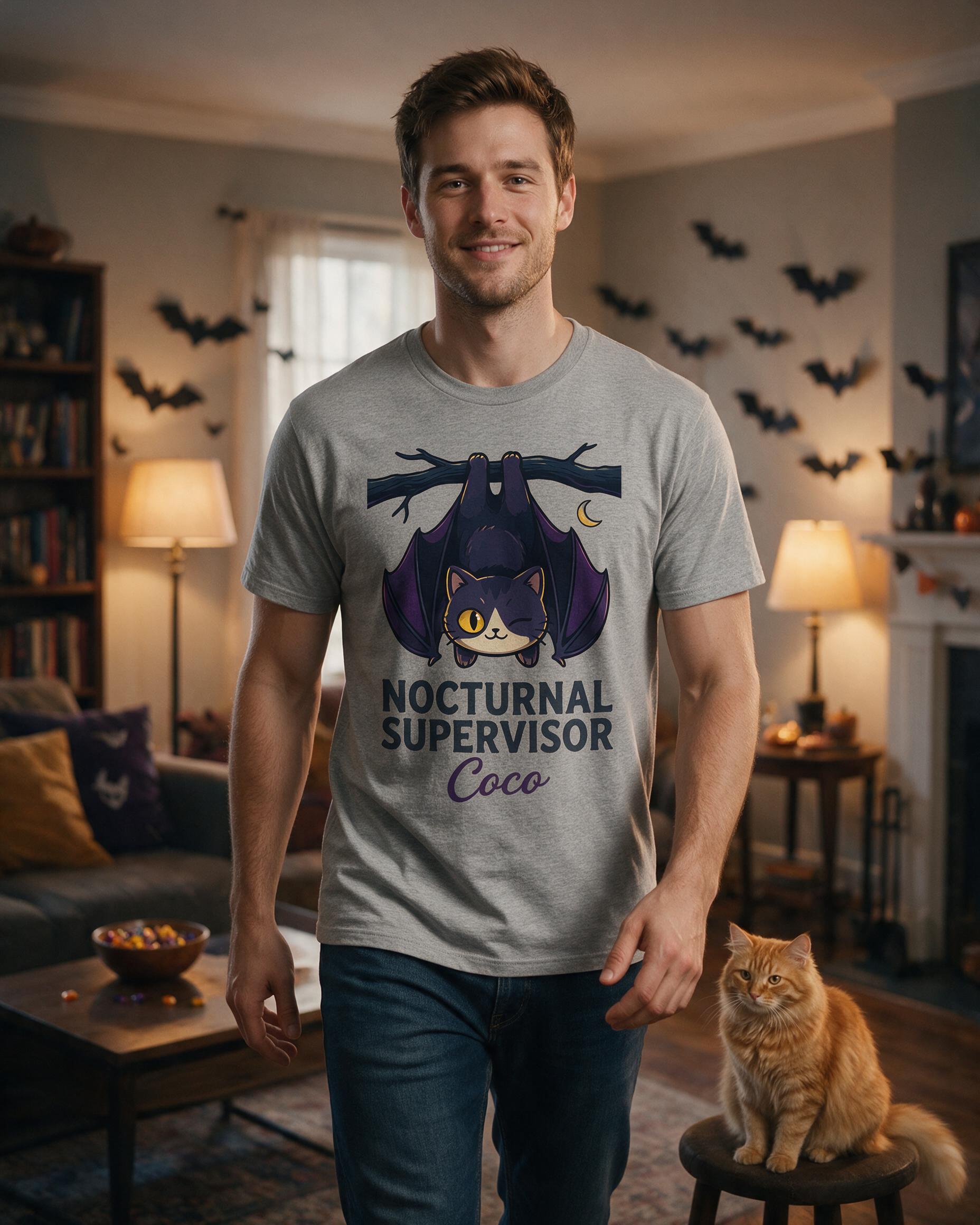 Nocturnal Supervisor Bat Cat Halloween Shirt — Sport Grey