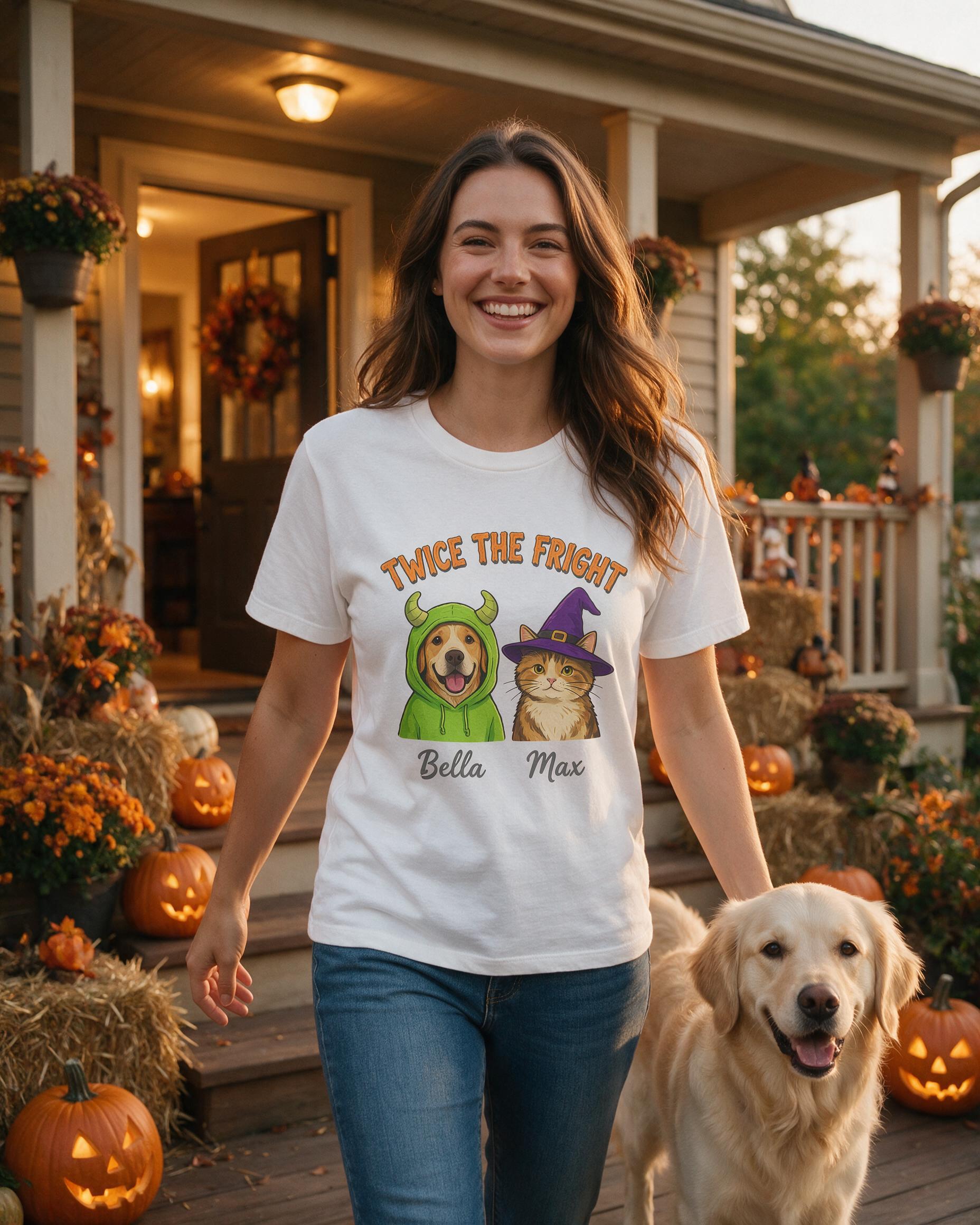 Twice The Fright Dog And Cat Halloween Shirt — White