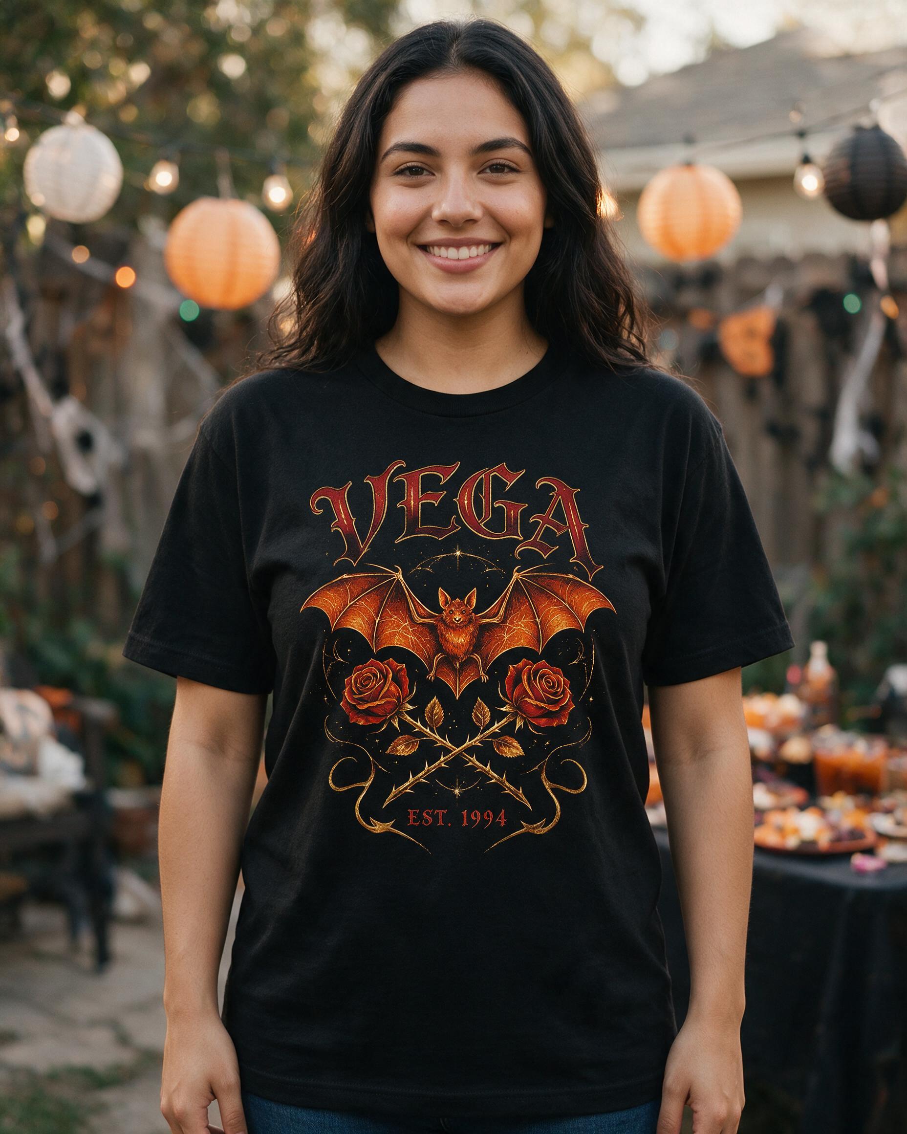 Gothic Blackletter Bat Halloween Name Tee — Black