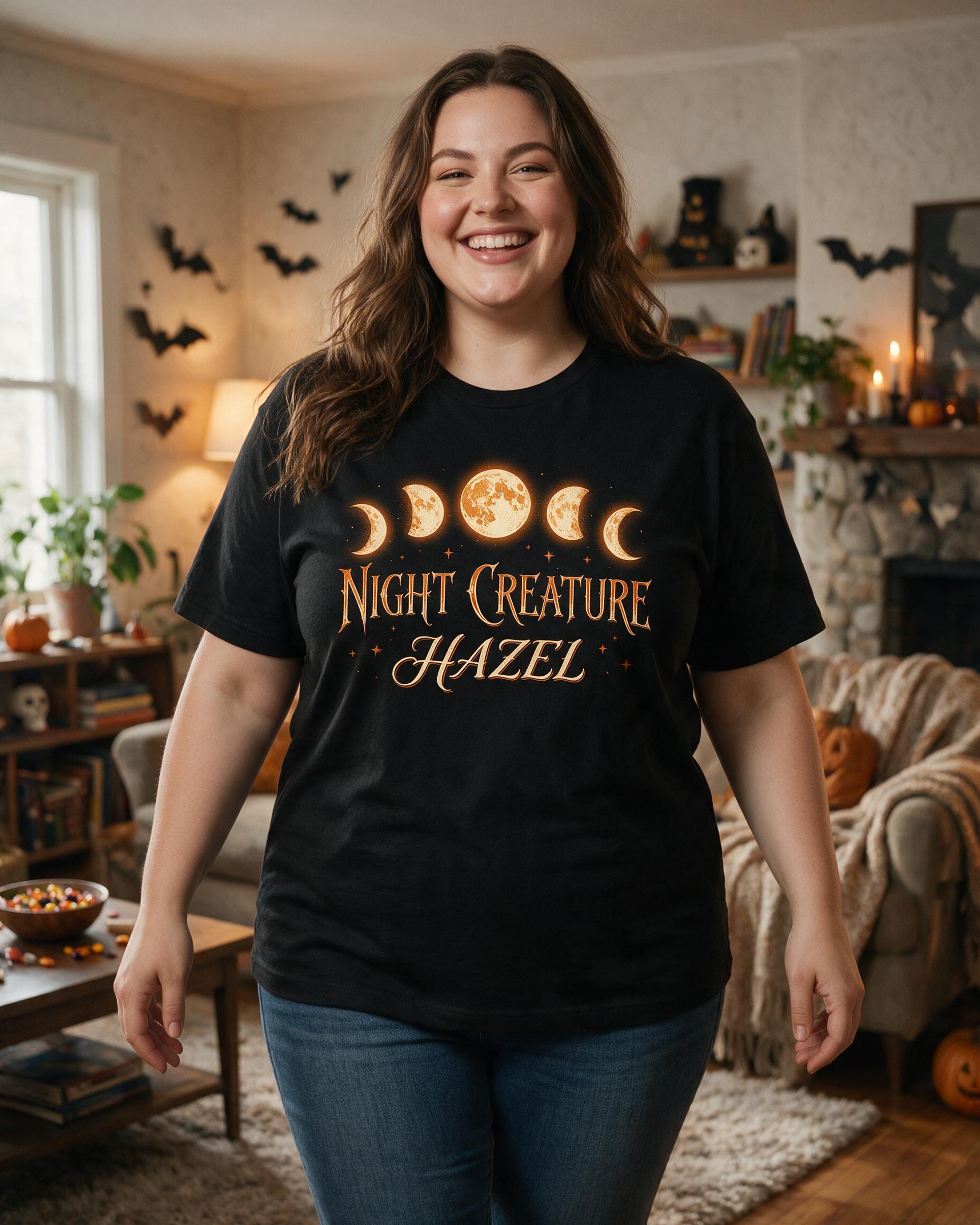 Night Creature Moon Phases Custom Name Tee — Black