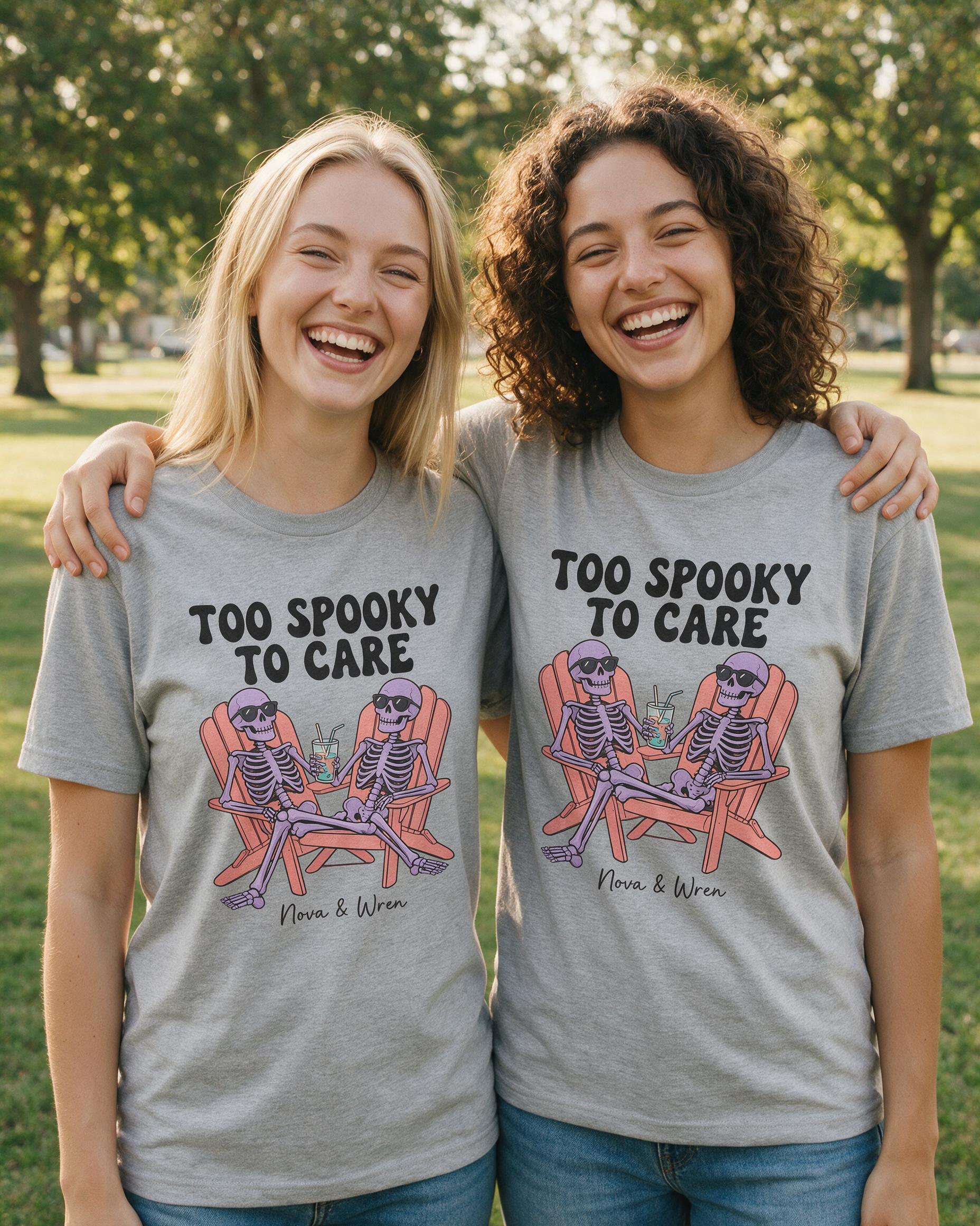 Too Spooky To Care Besties Skeleton Shirt — Sport Grey