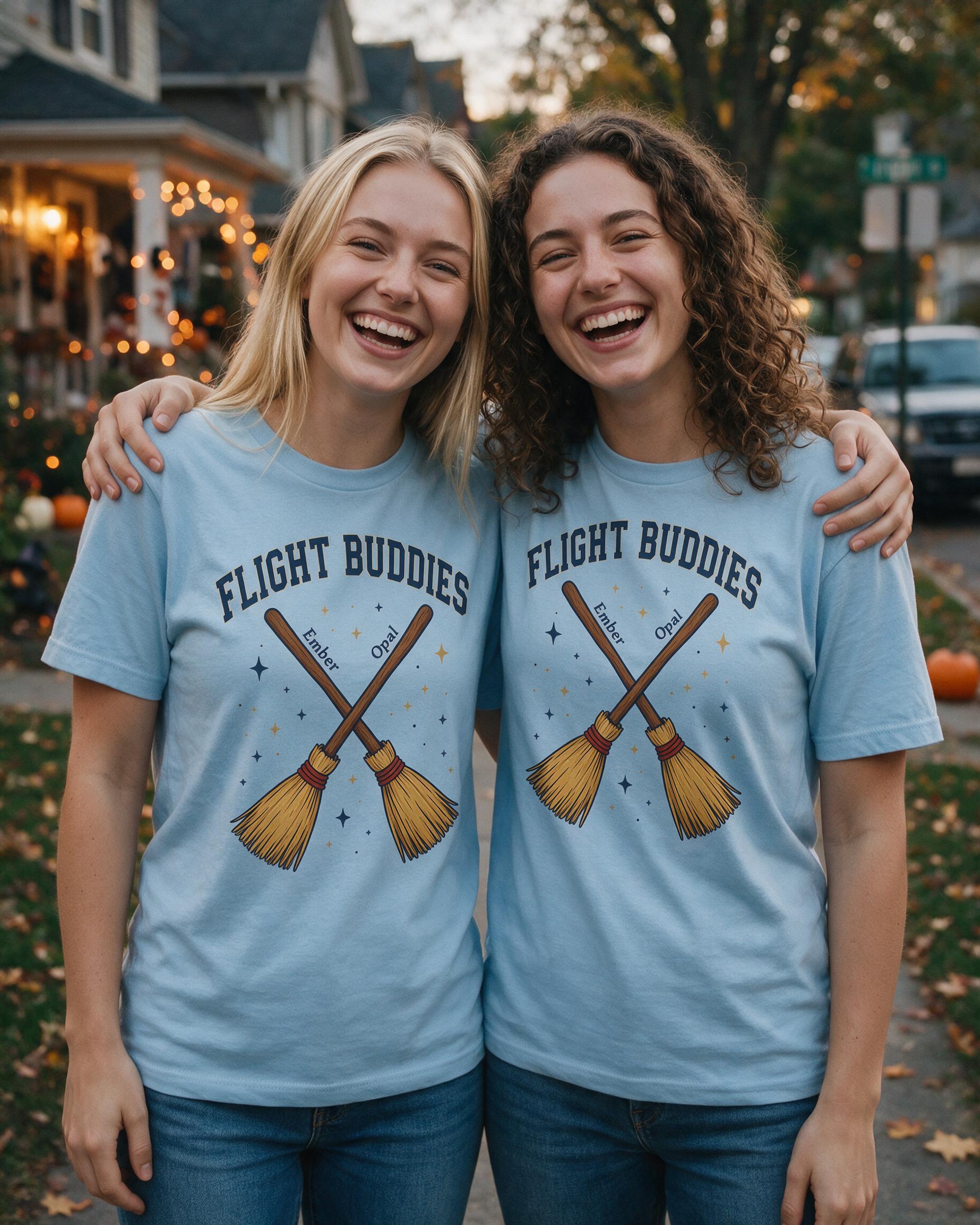 Flight Buddies Crossed Broomsticks Halloween Besties Tee — Light Blue