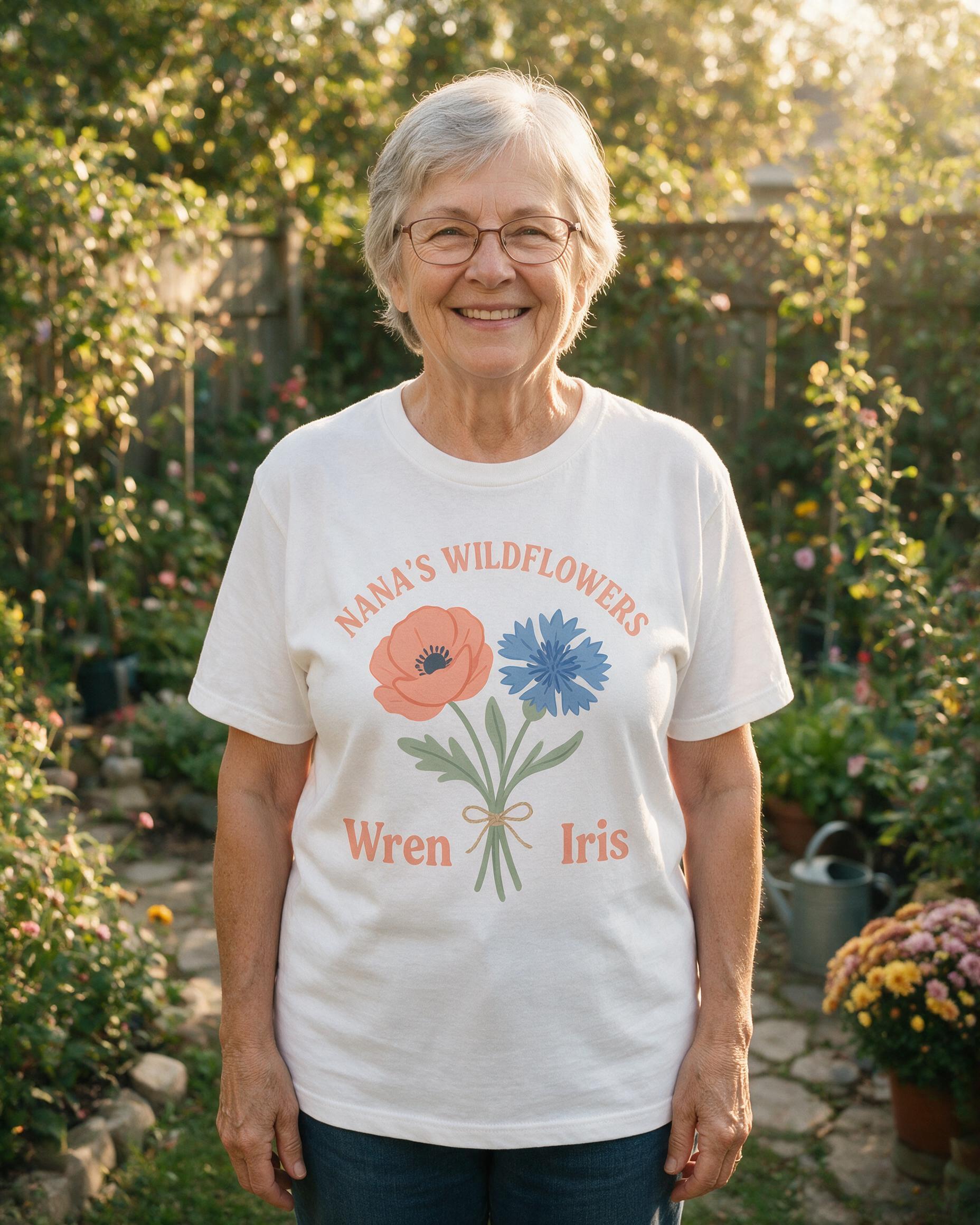 Nana's Wildflower Bouquet Personalized Two Grandkids Names Shirt — White