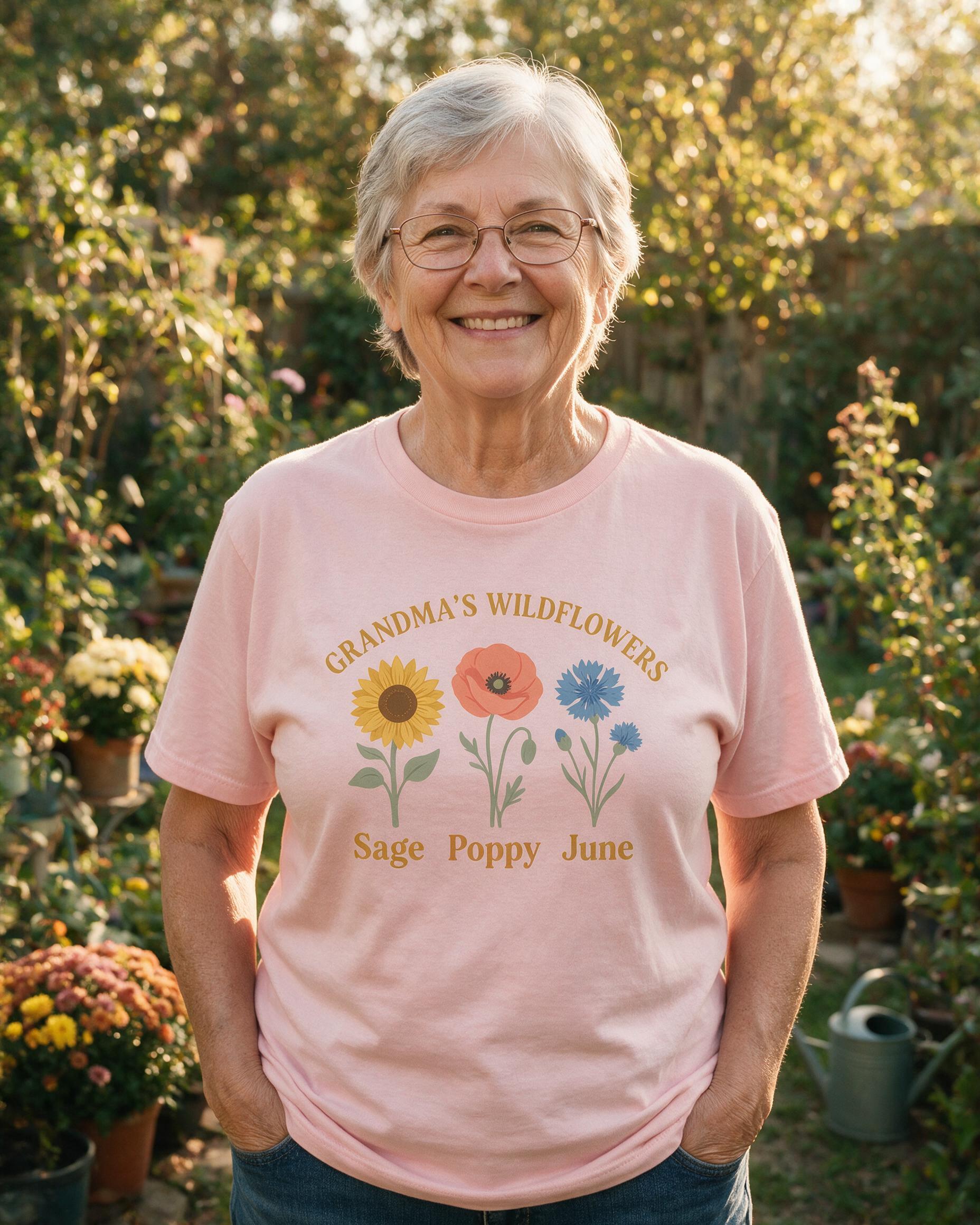 Grandma's Wildflower Garden Custom Three Names Shirt — Light Pink