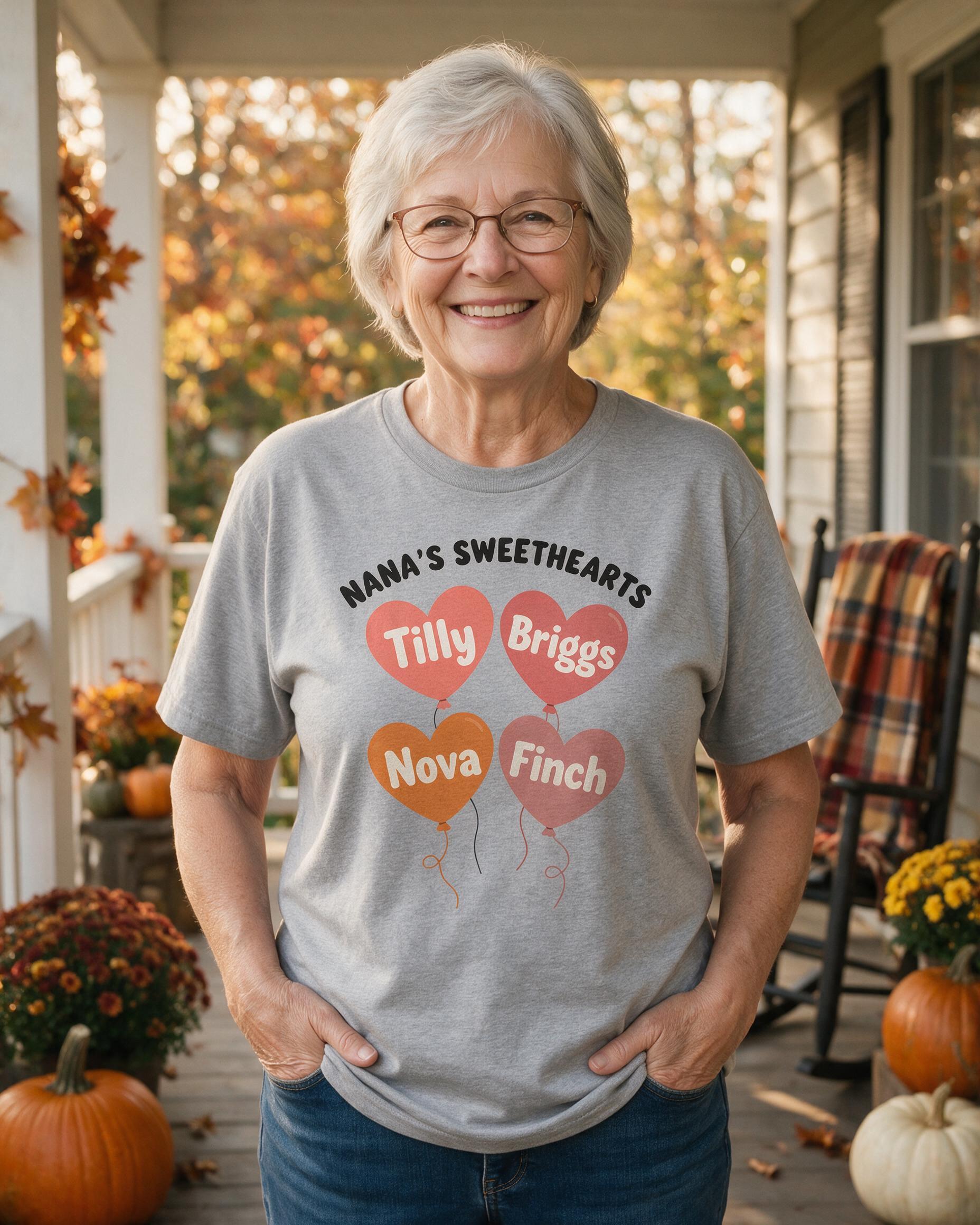 Nana's Sweethearts Four Heart Balloons Personalized Shirt — Sport Grey