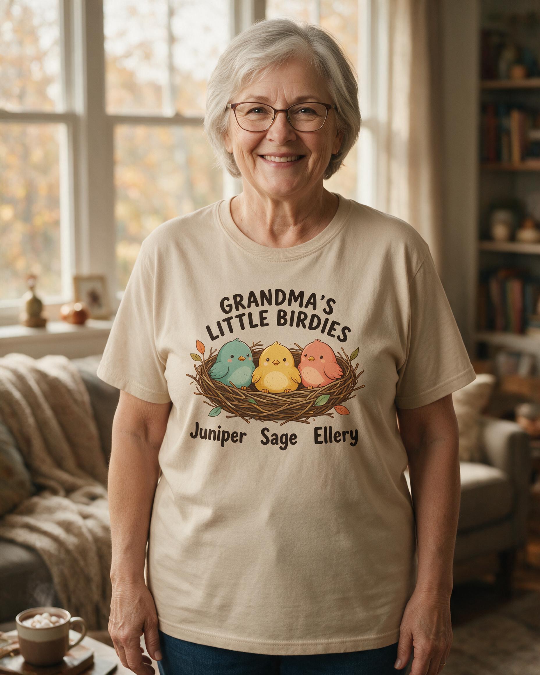 Grandma's Little Birdies Cozy Nest Three Names Shirt — Sand